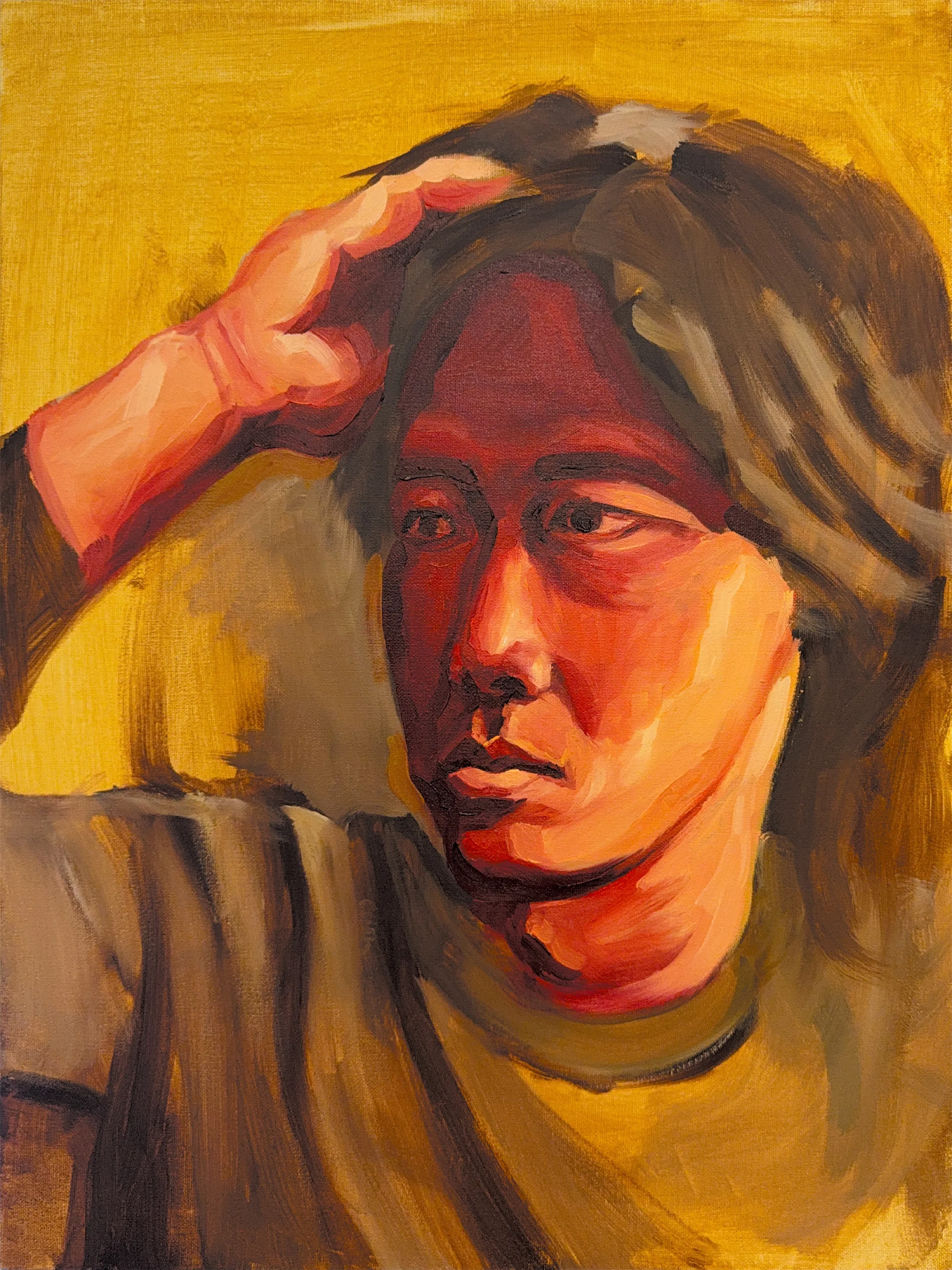 Second stage with warm reds and oranges worked into the face, the hair still brown and the ground still yellow.