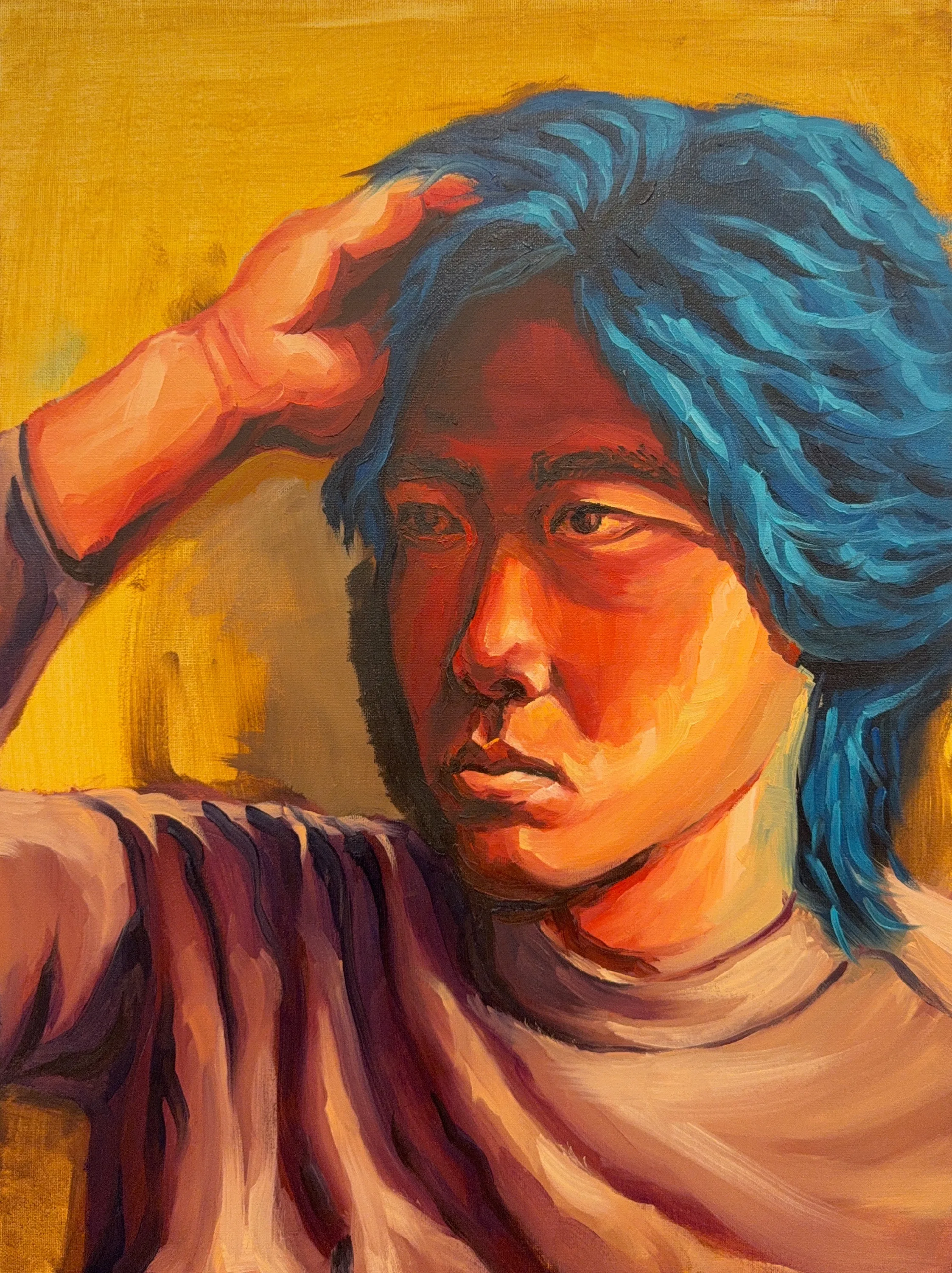 Third stage introducing the vivid blue hair against the yellow ground, the garment still pale.