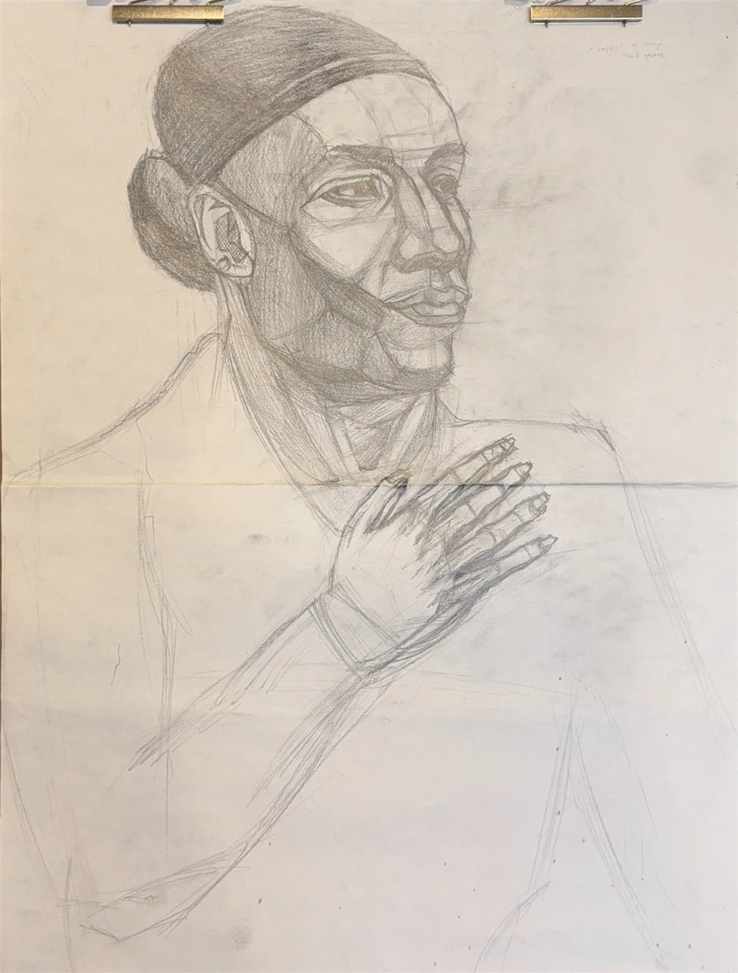 Graphite drawing stage on paper, construction lines still visible across the face and the hand at the chest.