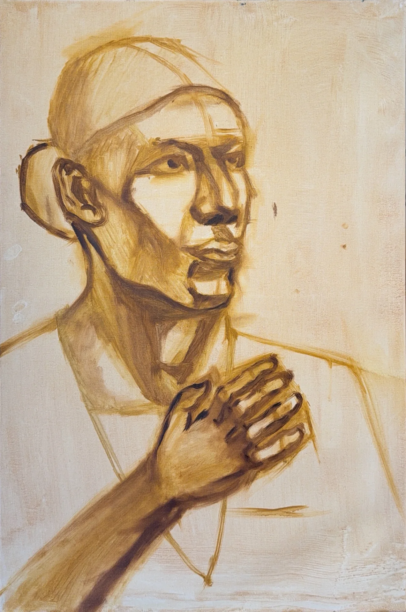 Raw umber oil block-in on canvas, the whole figure carried in a single brown tone.