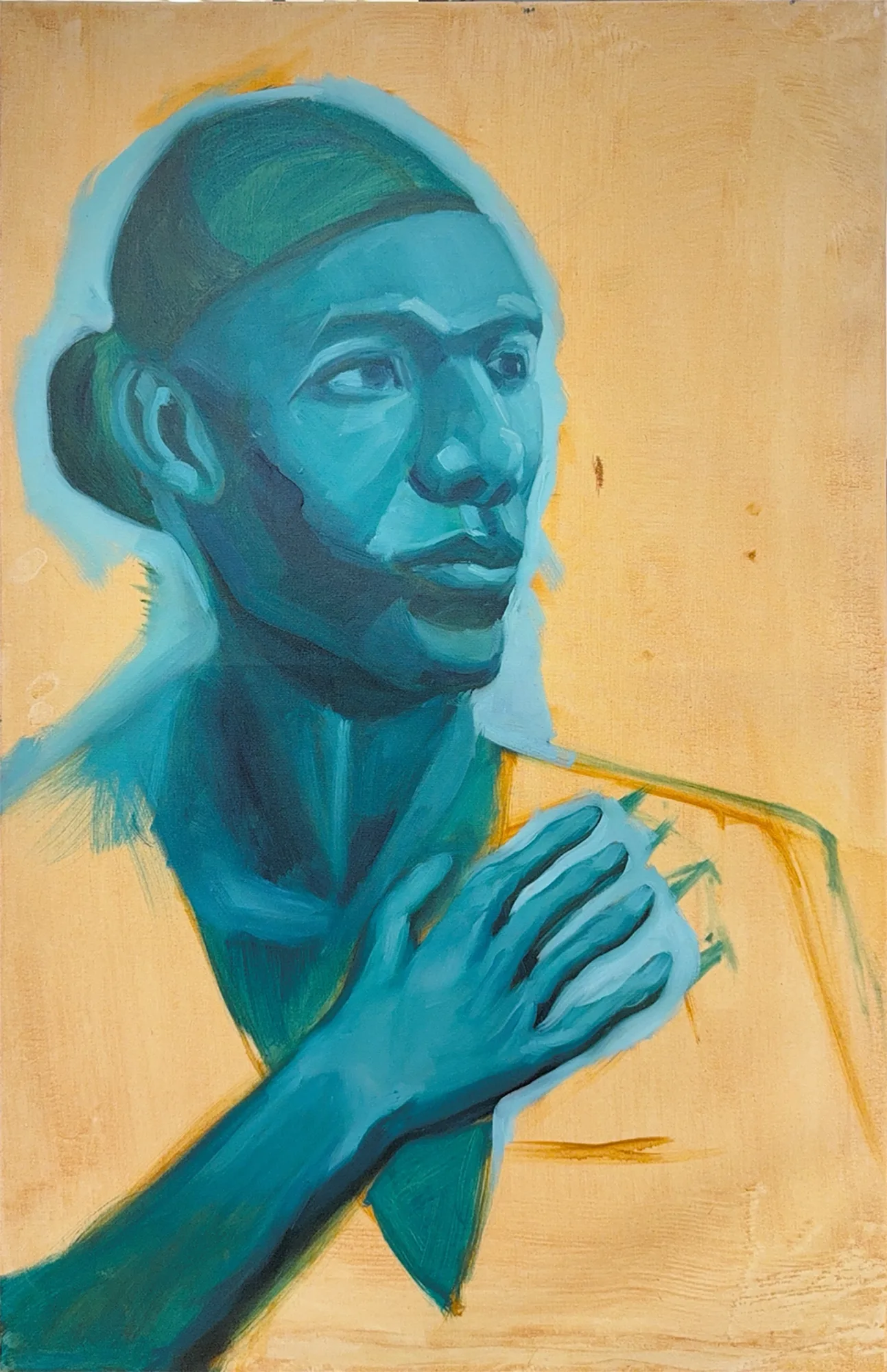 Colour stage with the figure turned teal green over an ochre ground, before the crown was added.