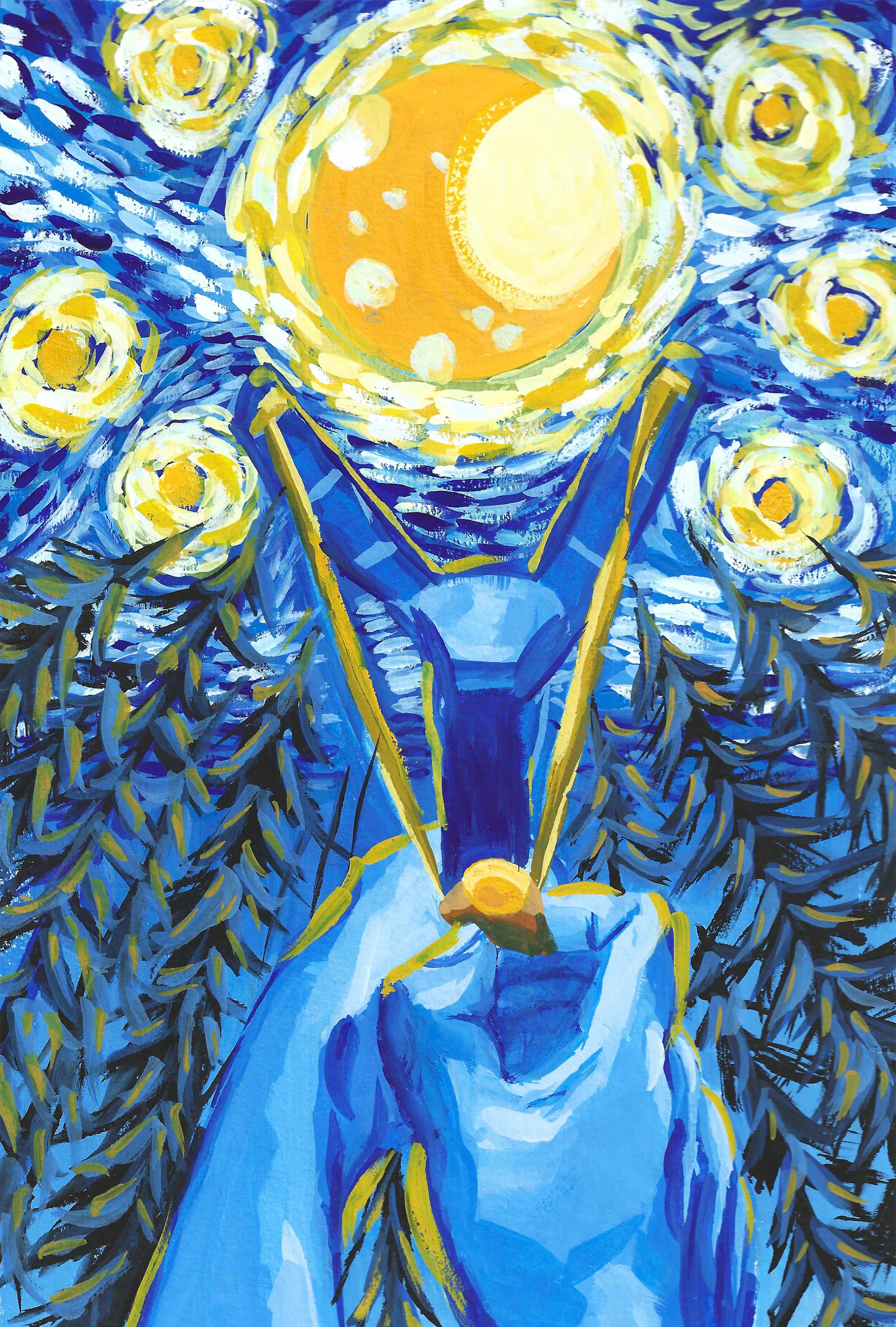 Gouache panel: a figure whose head has been replaced by a blazing gold sun, standing among swirling stars and dark blue foliage.