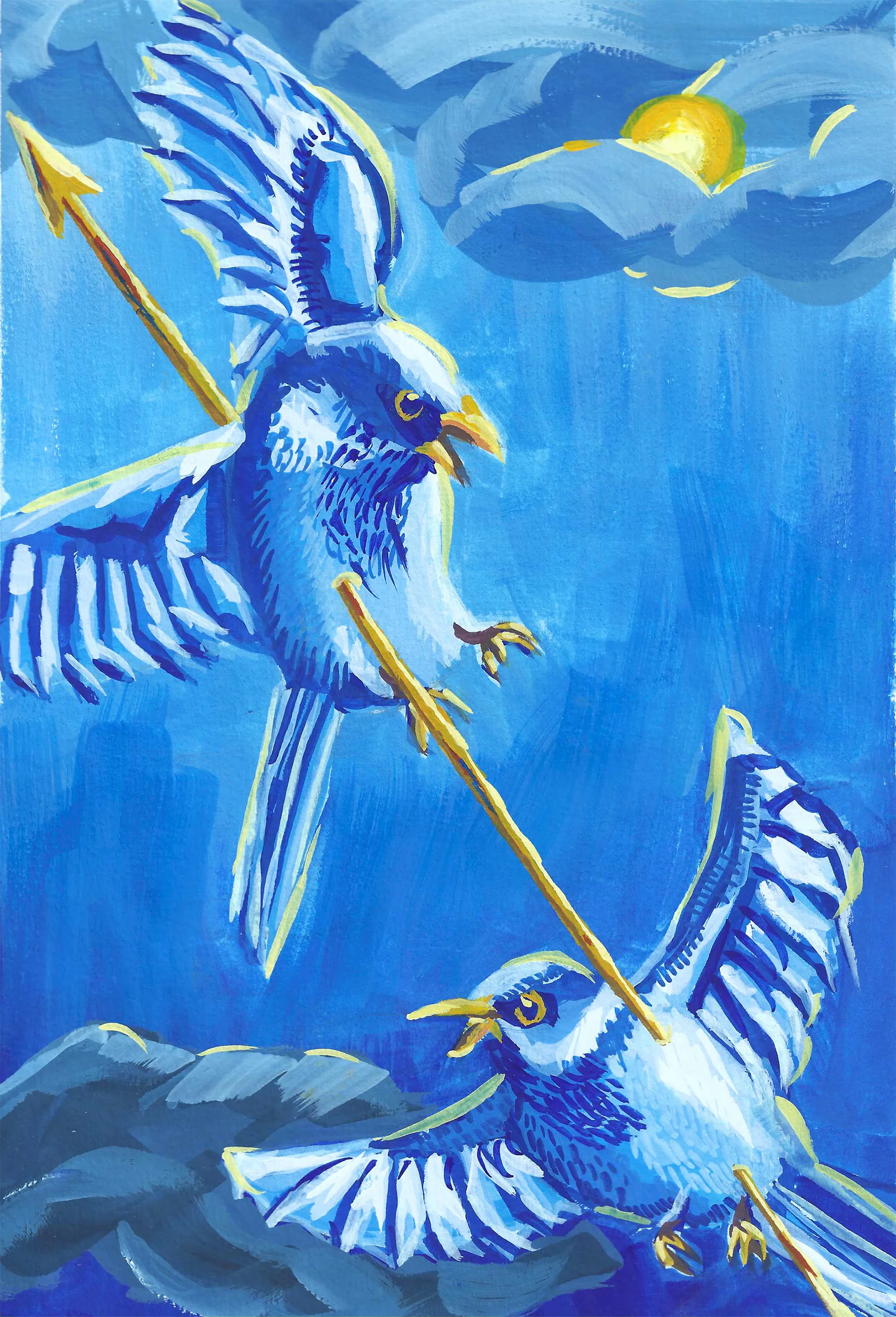 Gouache panel: two blue birds in flight, each gripping one end of a single gold arrow, beneath a gold sun.