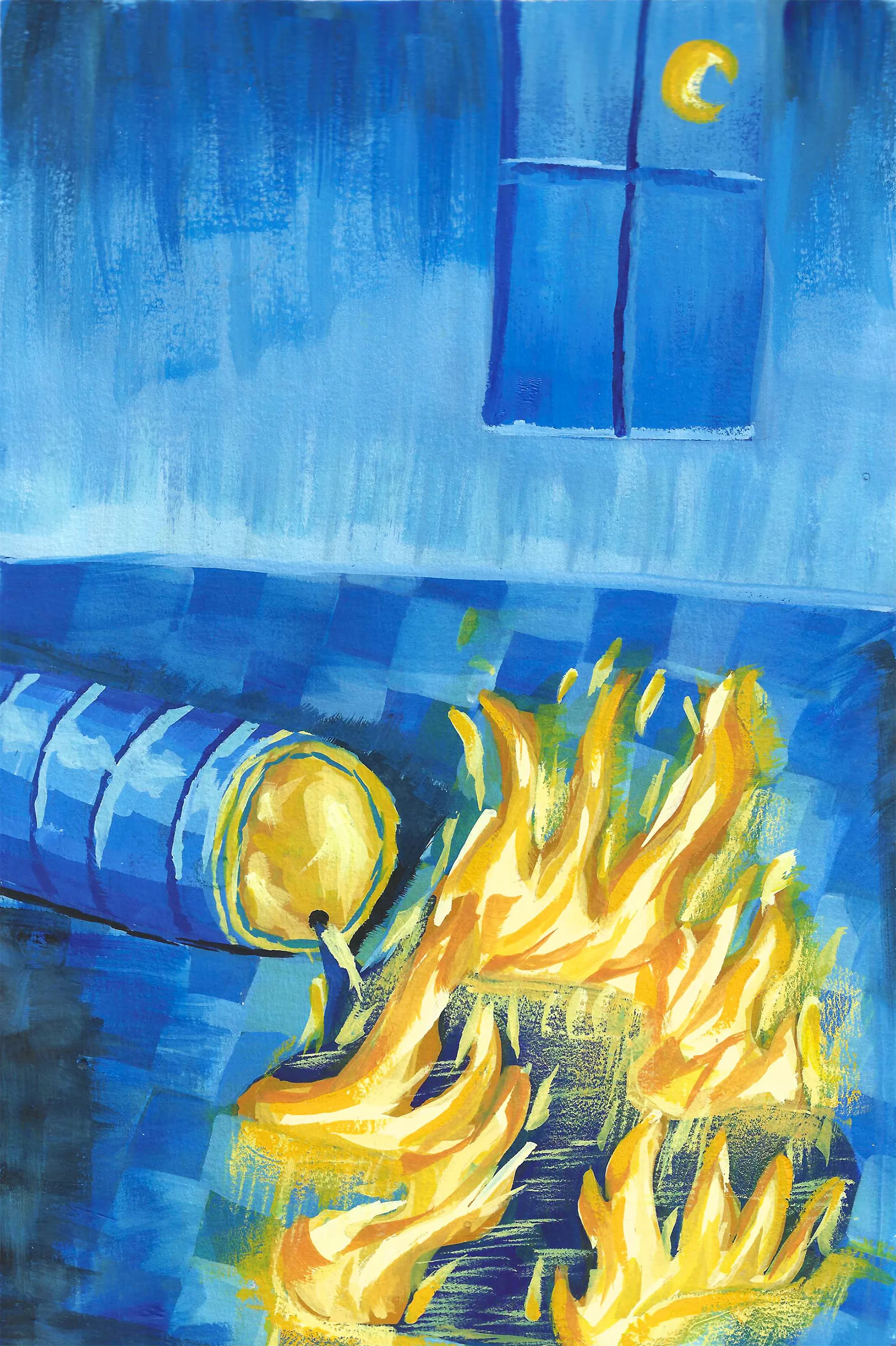Gouache panel: a tipped blue barrel pouring gold liquid onto tall gold flames on a tiled floor, a crescent moon in the window behind.