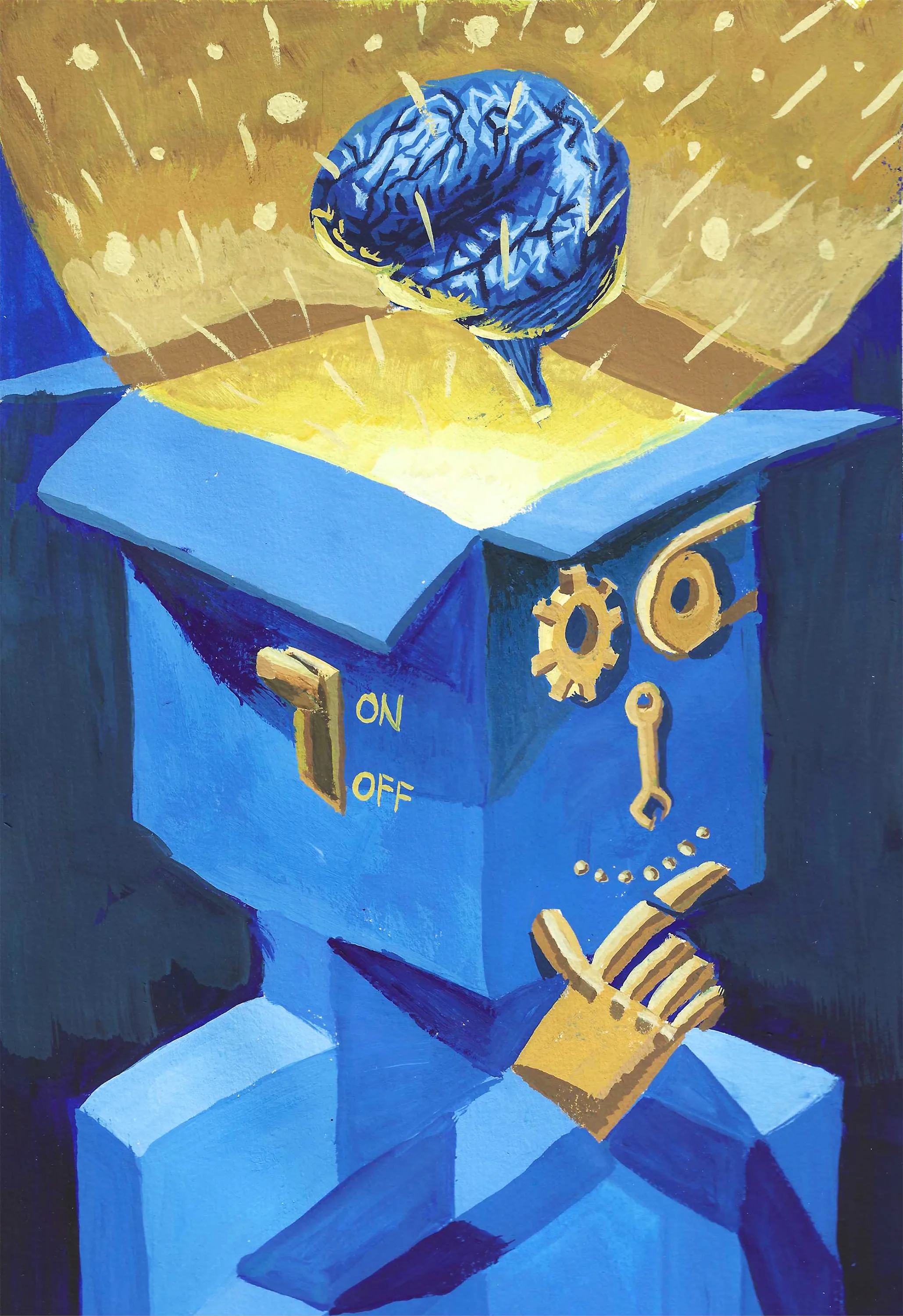 Gouache panel: a blue brain lifting out of an open cardboard box painted with an on-off switch, gears, a wrench and a gold hand.