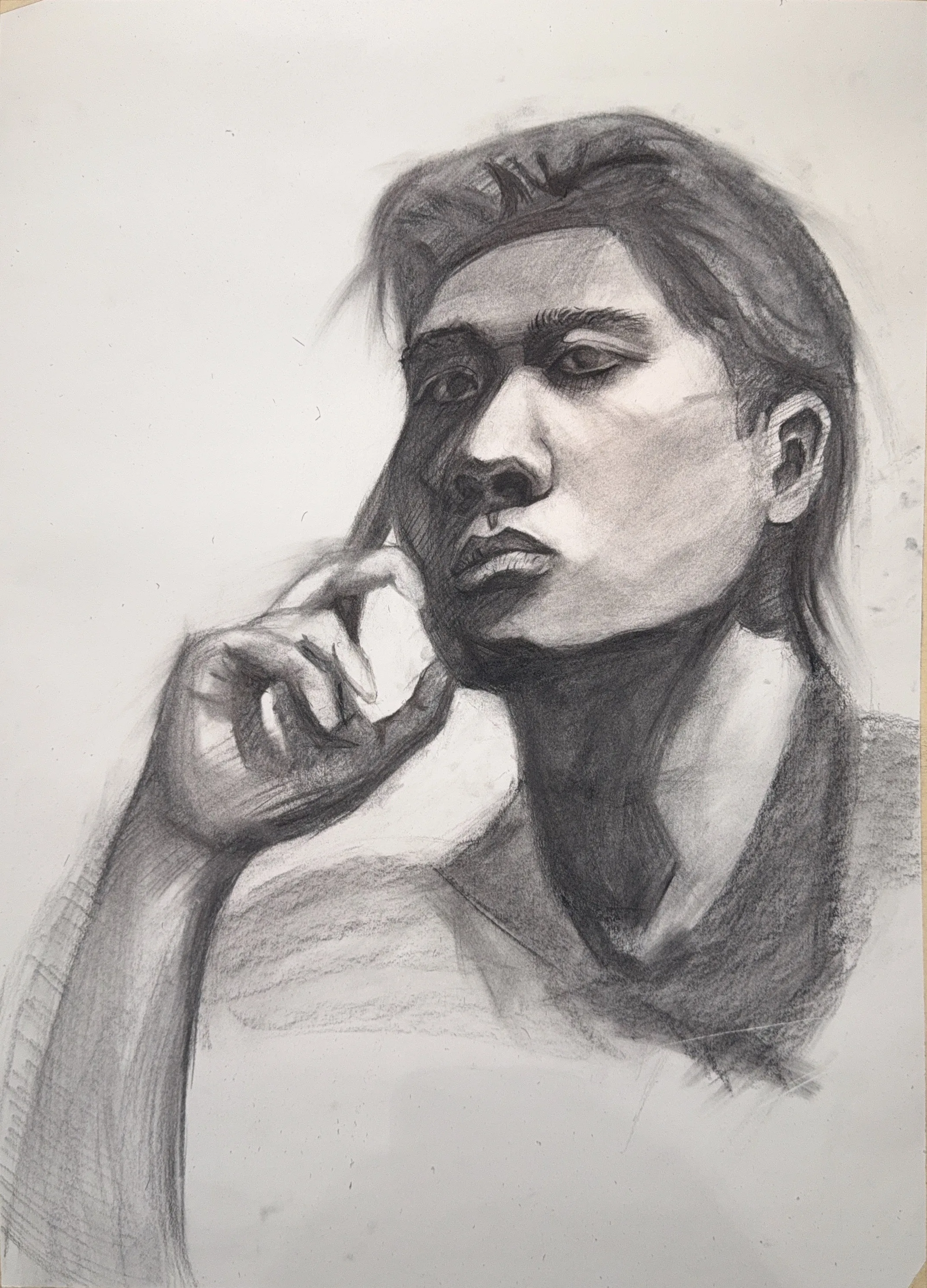 Third stage with the face fully rendered and the gaze direct, before the glasses were added.