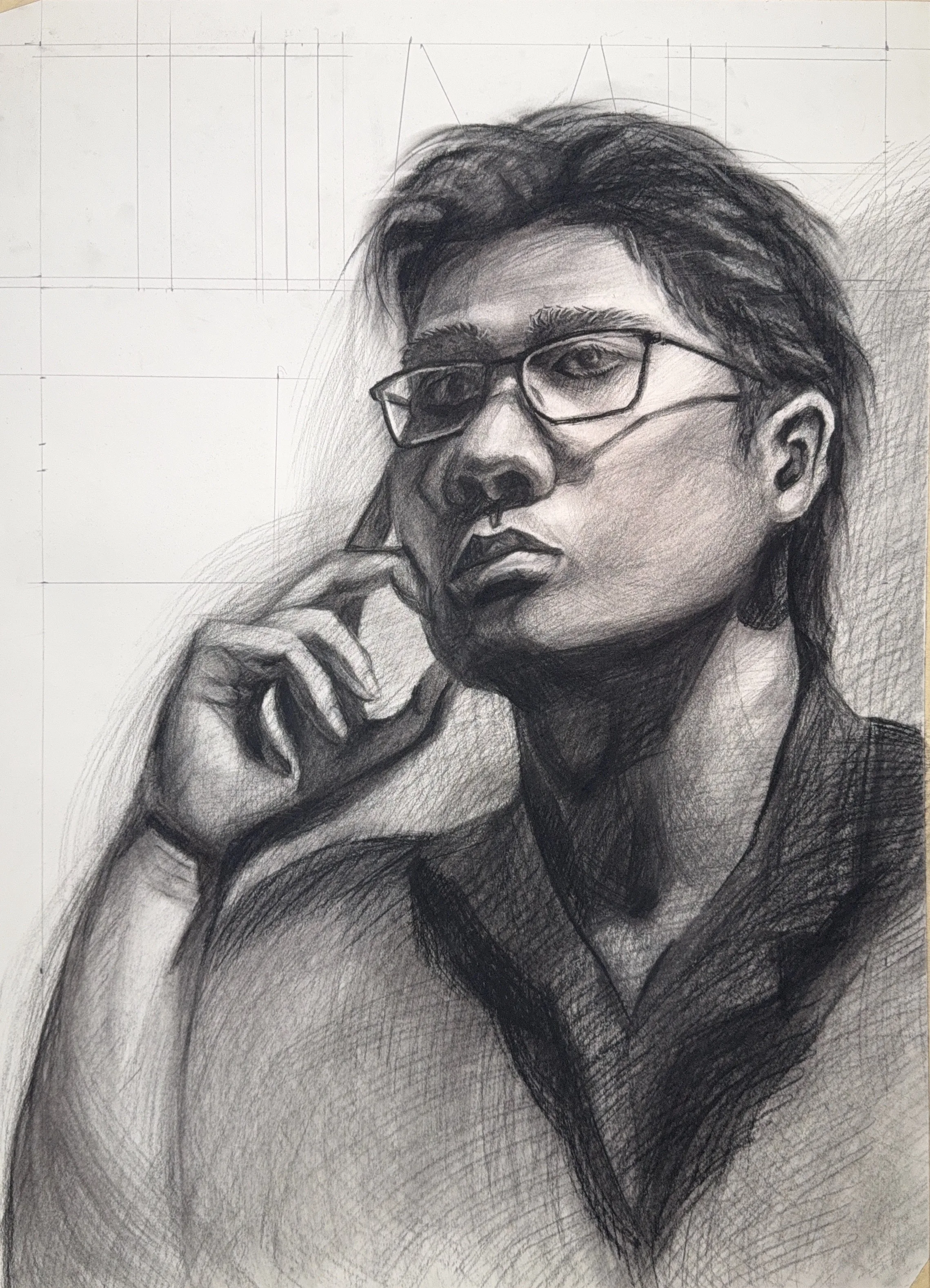 Fourth stage with the glasses added and the magazine masthead lightly ruled in across the top of the sheet.
