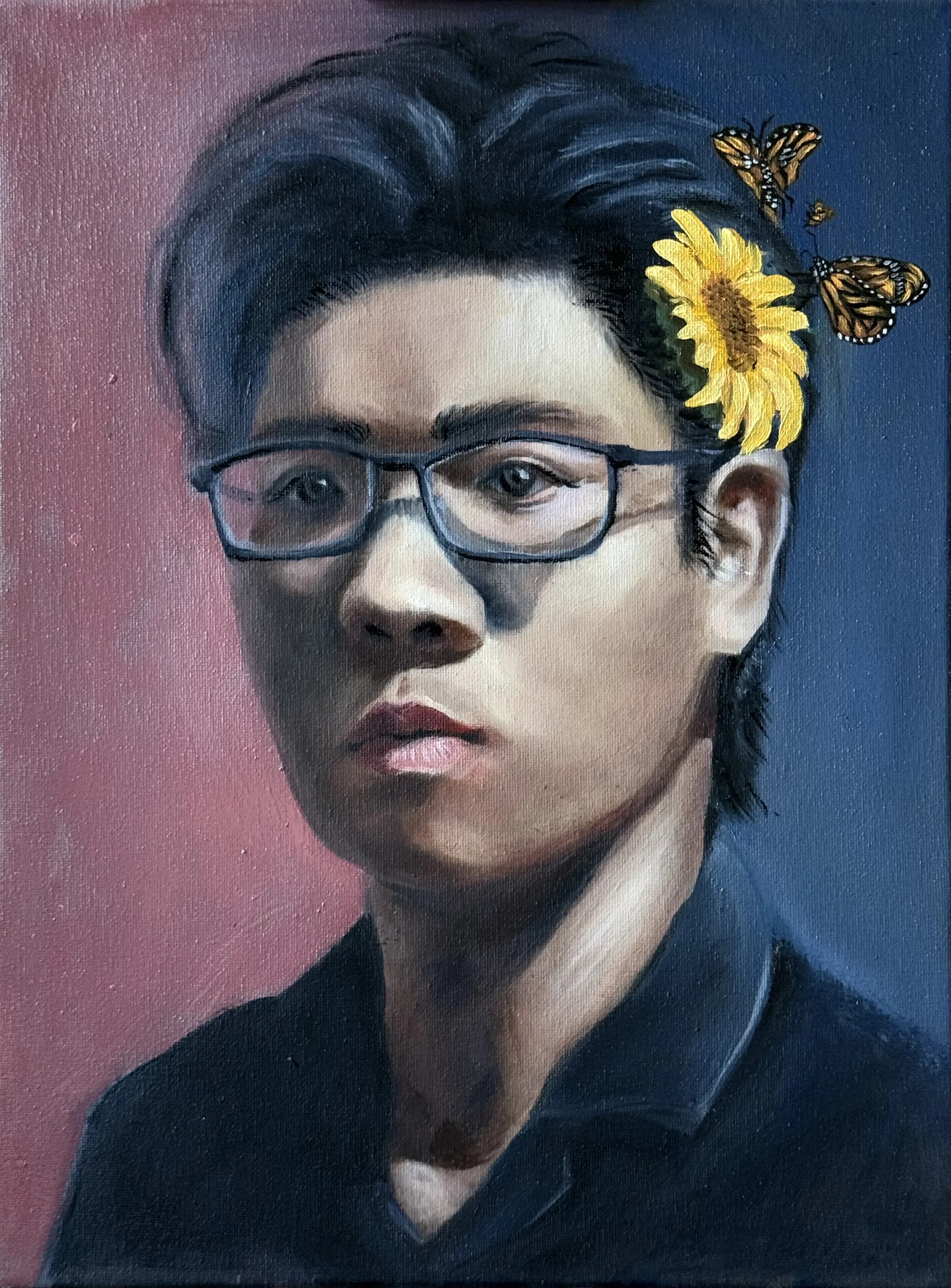 Third stage introducing the sunflower, the butterflies and the split red and navy ground.