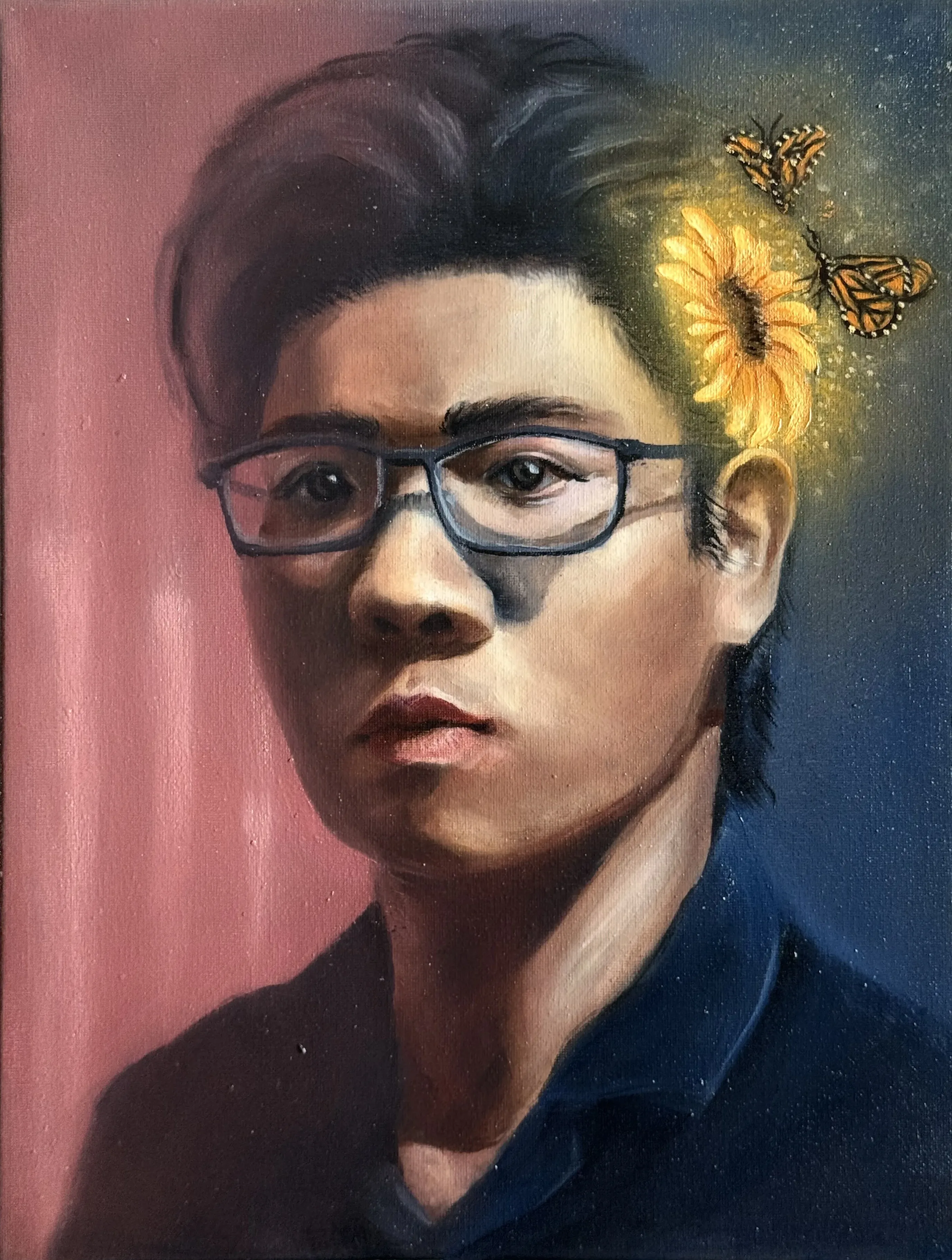 Fifth stage with the sunflower glow strengthened and the face brought to finish.