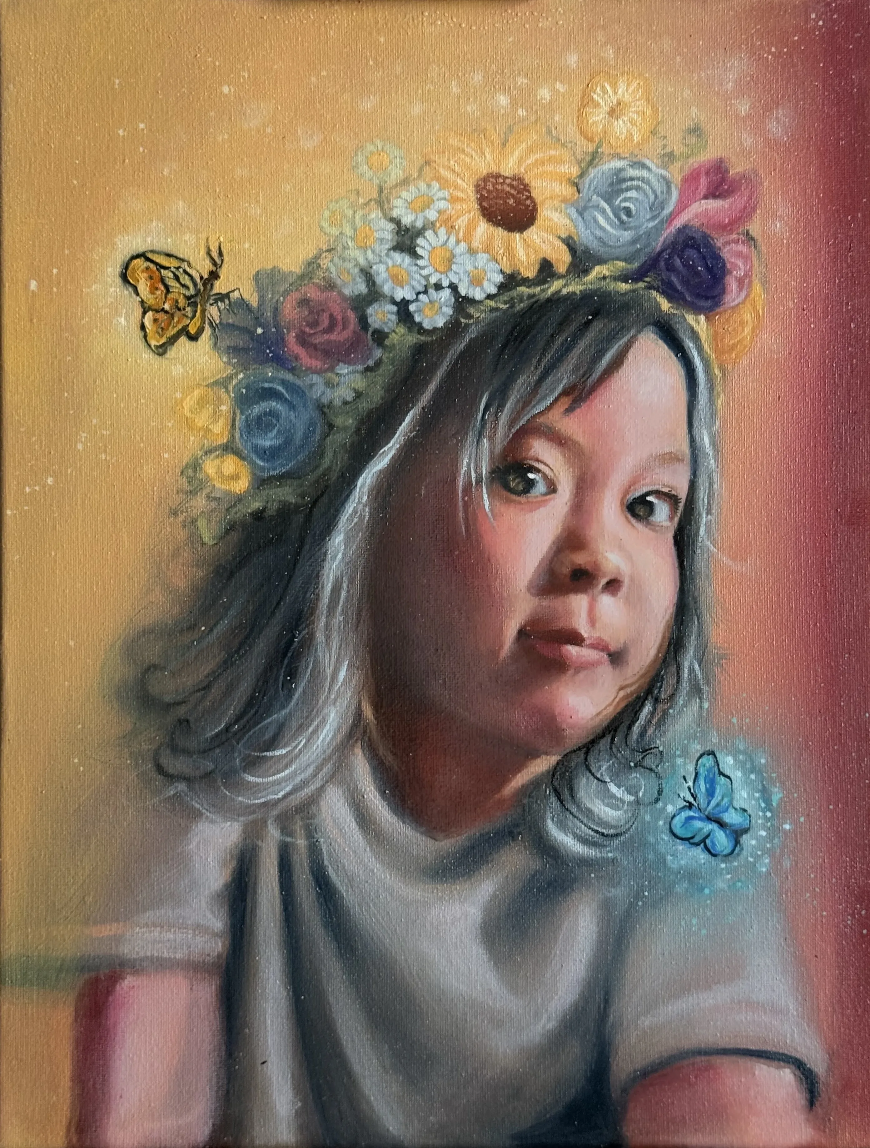 Final stage with the butterflies added and the glow worked into the crown and the shoulder.