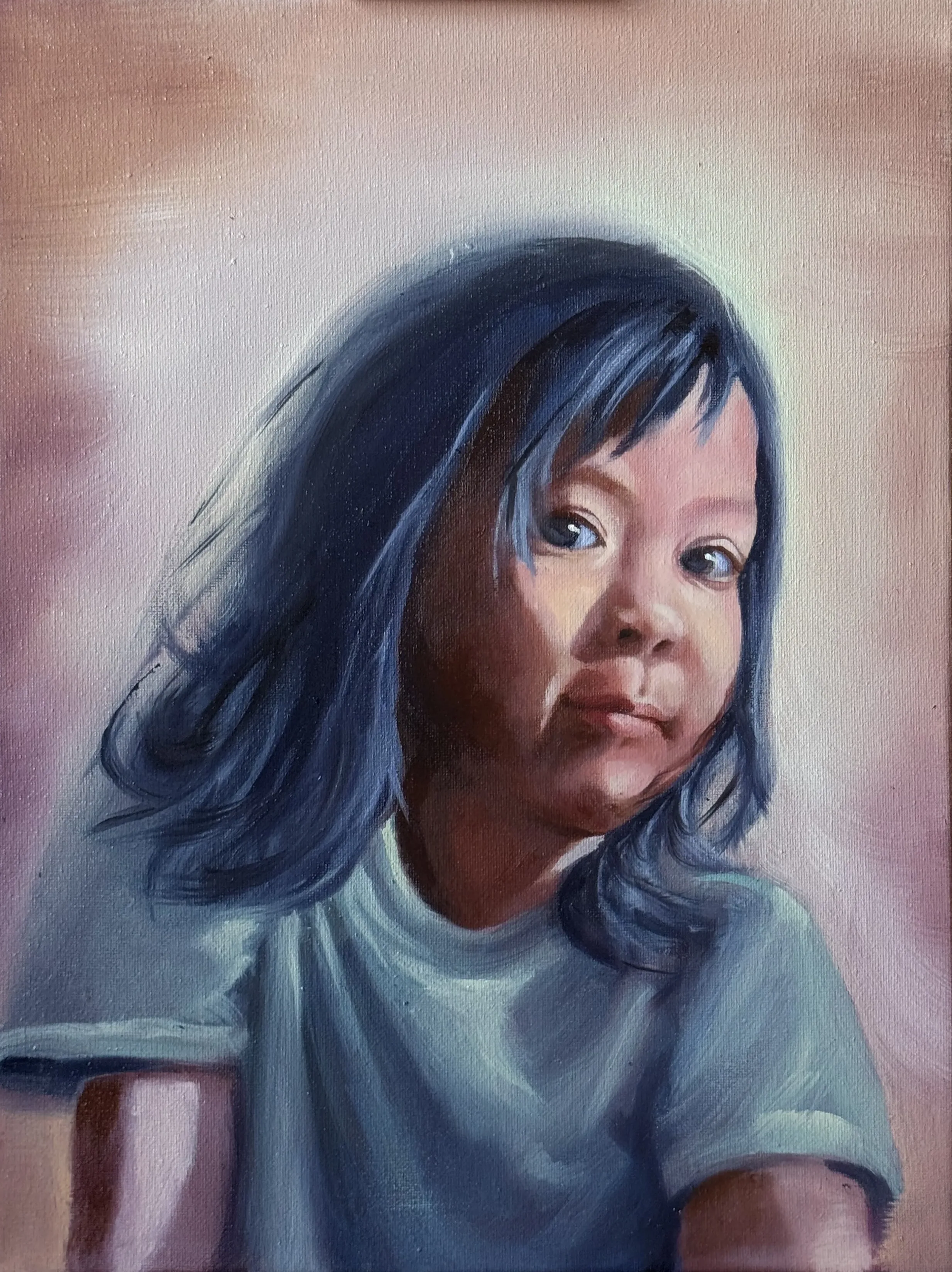 Fourth stage on a soft pink ground, the skin and hair more fully rendered before any flowers.