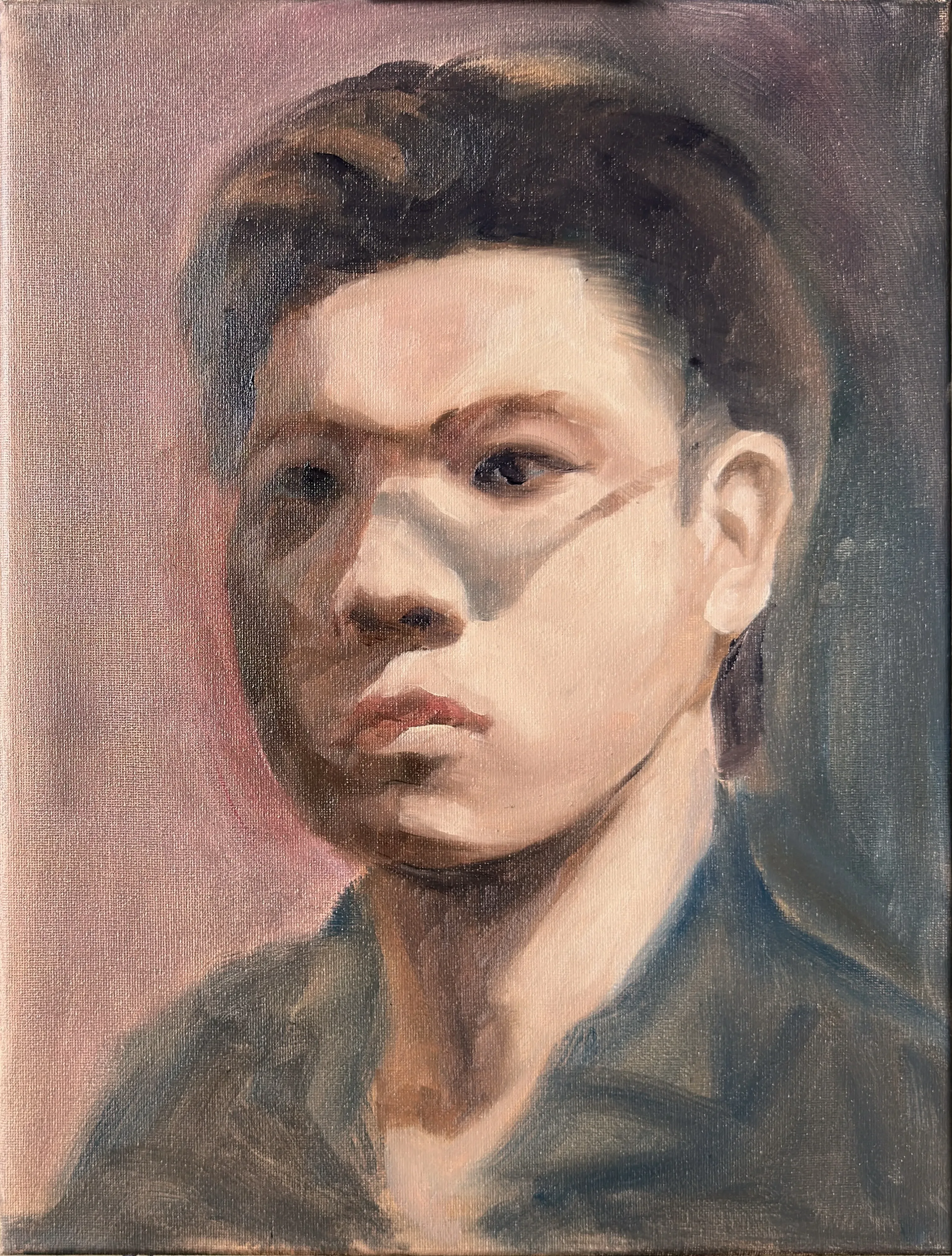 First stage in oil, the head blocked in warm grey and ochre without glasses.