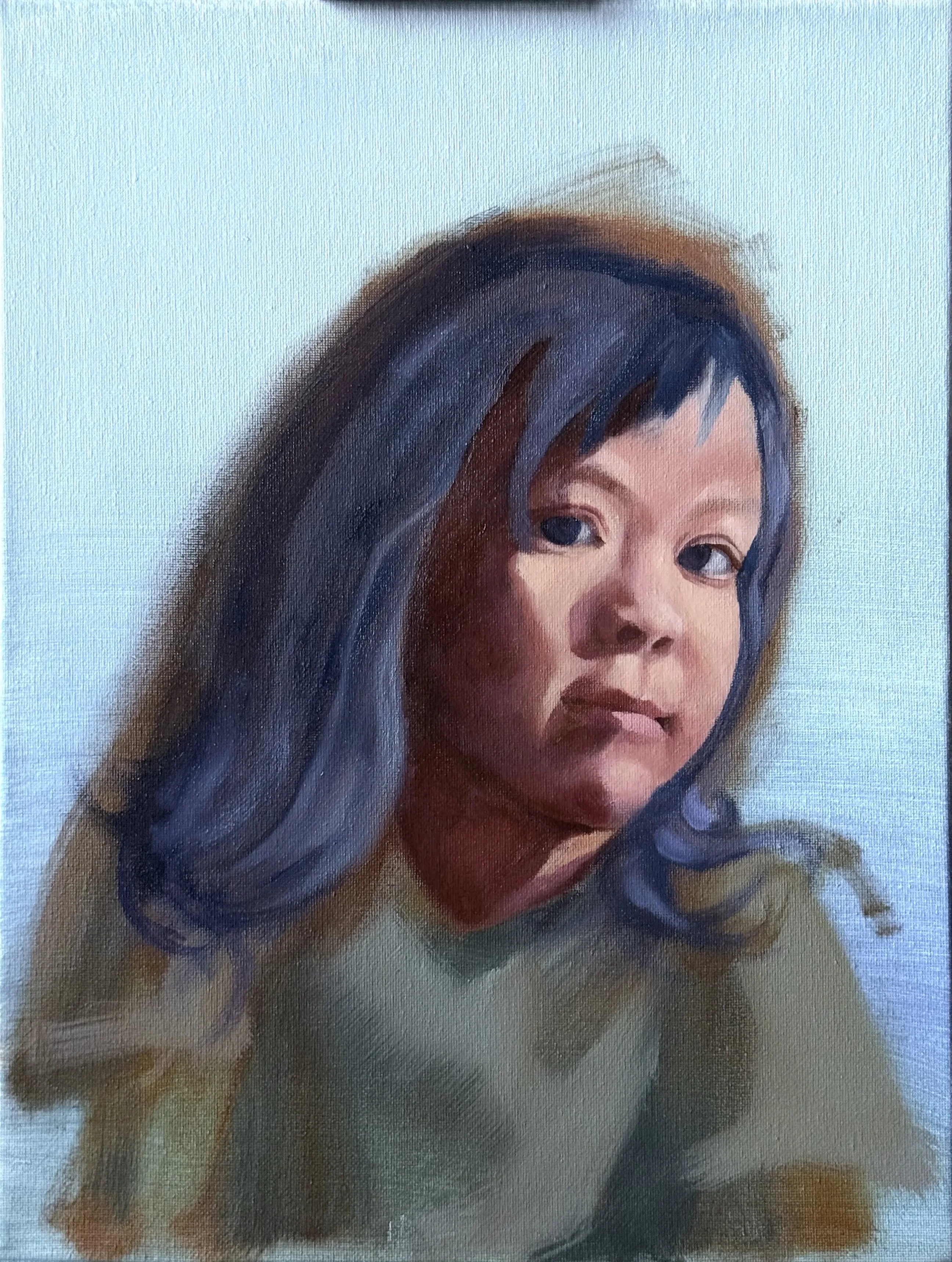 Second stage with the face resolving and the hair darkened, still on a cool blue ground.