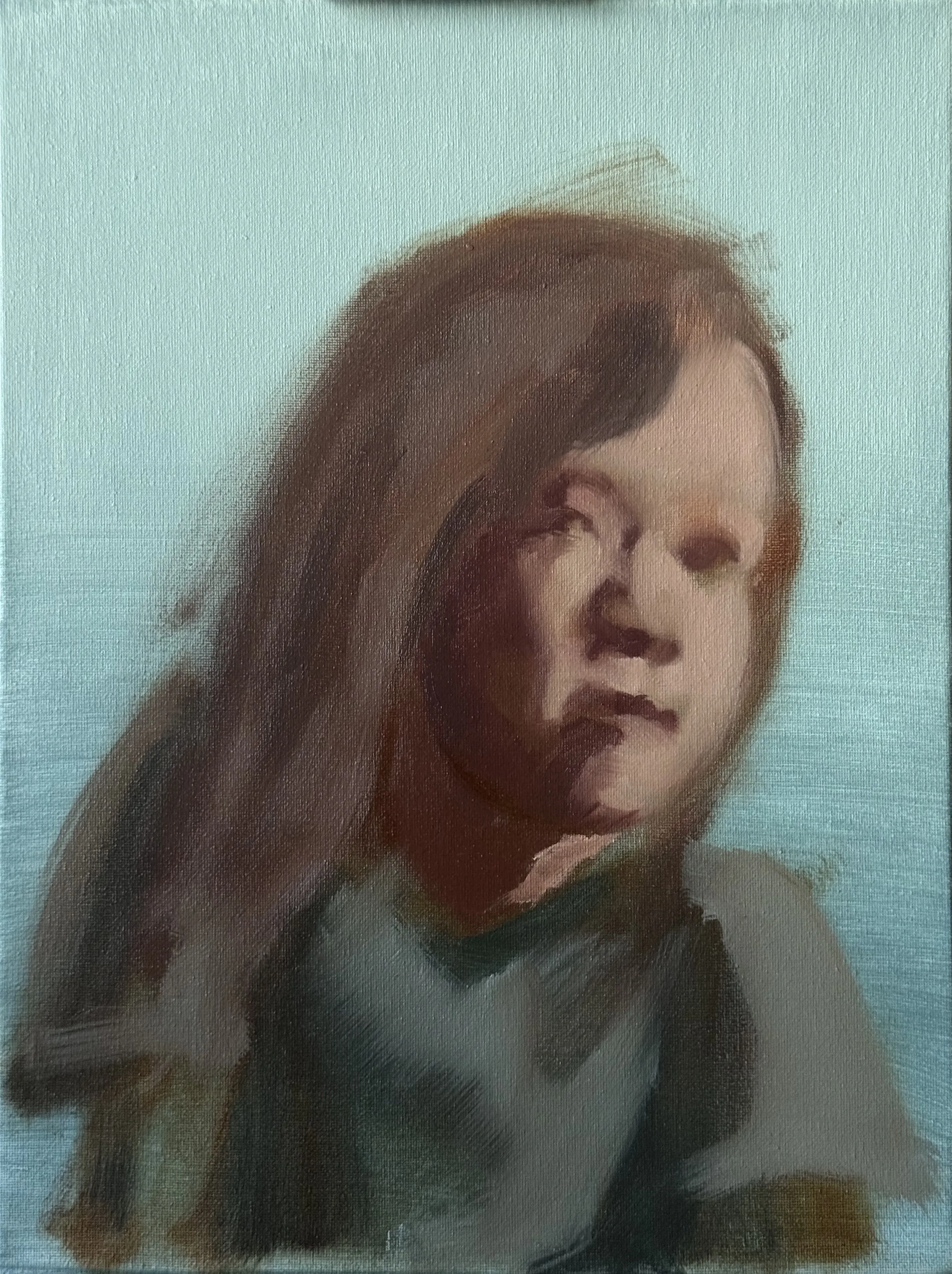 First stage in oil, the head blocked in loosely over a cool grey-green ground with the features barely resolved.