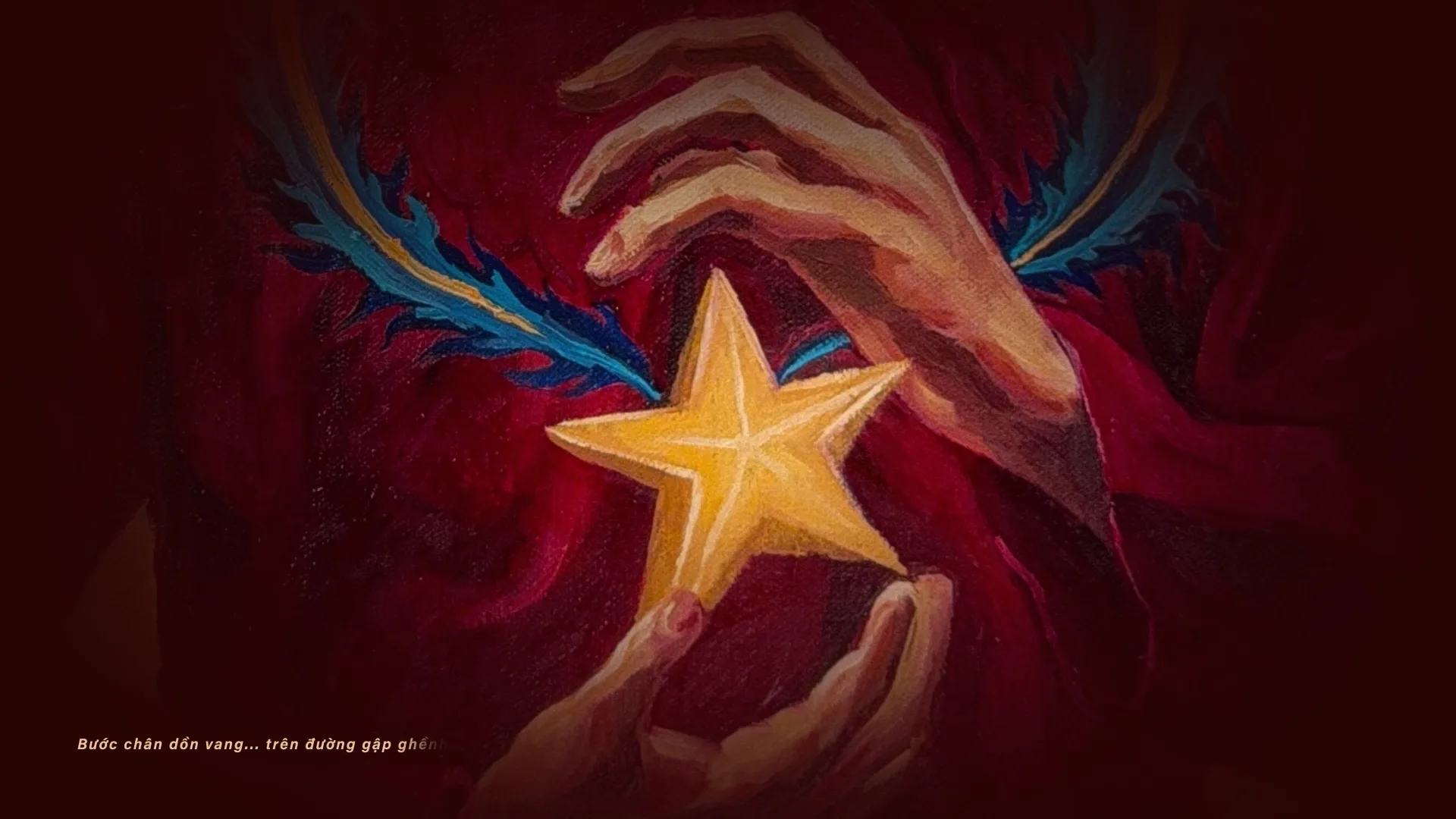 Still from the Vietnamese Spirit animation, hands cupping the gold star against a red Ao dai, with a line of the Vietnamese national anthem subtitled at the lower left.