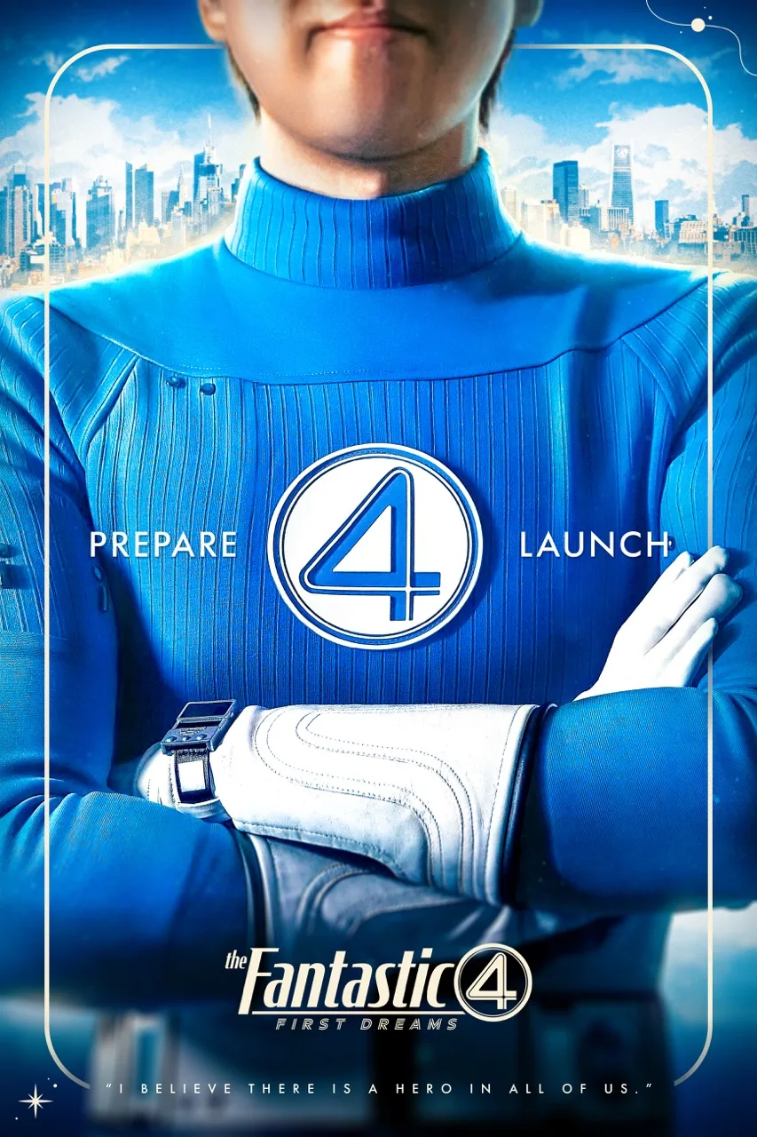 Composite poster of a torso in a blue Fantastic Four suit with arms crossed over a city skyline, lettered PREPARE and LAUNCH beside the circled four, with the First Dreams lockup below.