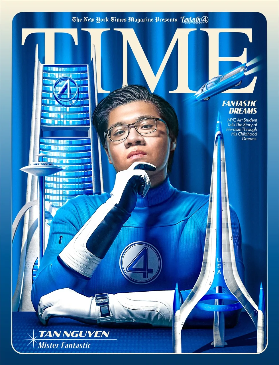 Mock magazine cover composite with a large serif masthead, a portrait in a blue Fantastic Four suit beside a futuristic tower and launch spires, and cover lines reading Fantastic Dreams.