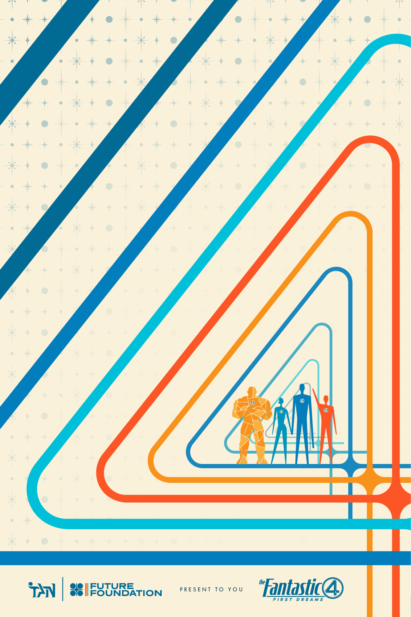 Retrofuturist vector poster on cream, the numeral four repeated as nested rounded shapes in blue, cyan, orange and red receding to four small figures at the centre, with a monogram and Future Foundation lockup along the base.