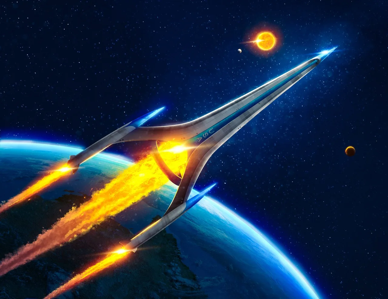 Digital illustration of the Excelsior spacecraft, a swept silver craft with blue wingtips firing orange engine trails above the curve of Earth, stars and distant planets behind.