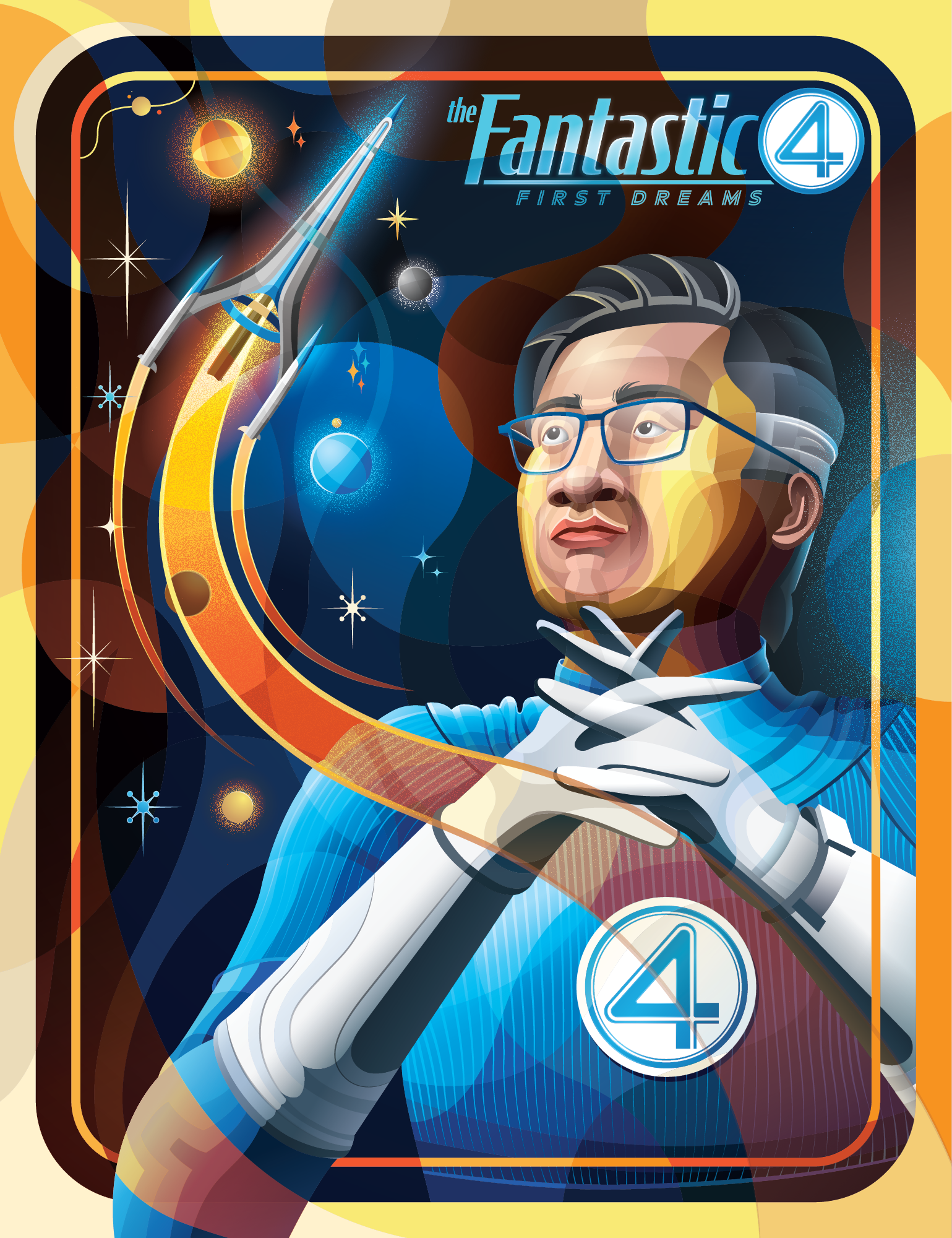 Retrofuturist vector illustration of a figure in a blue suit with gloved hands crossed, the Excelsior arcing overhead on an orange trail among planets and starbursts, inside an orange and blue border.