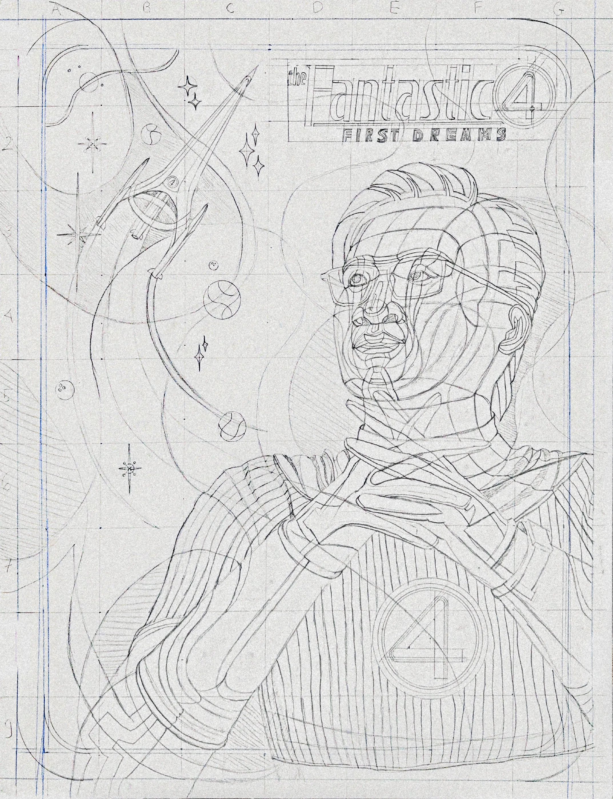 Preparatory graphite layout on a lettered and numbered grid, the whole composition drawn out including the hand-drawn Fantastic Four First Dreams logo.