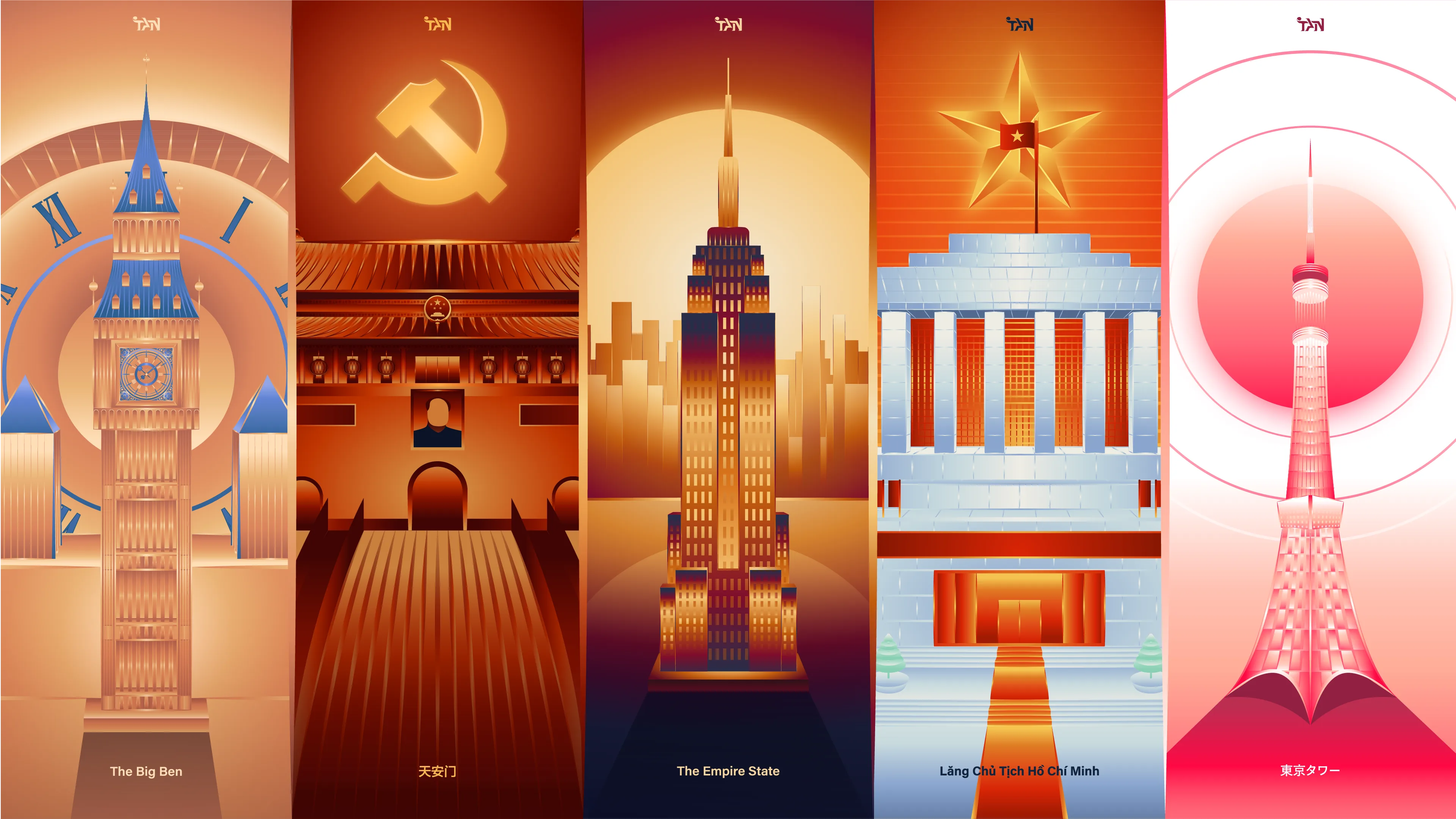 Five vector landmark posters side by side, Big Ben, Tiananmen, the Empire State Building, the Ho Chi Minh Mausoleum and Tokyo Tower, each in its own warm palette with its name set in its country's language.