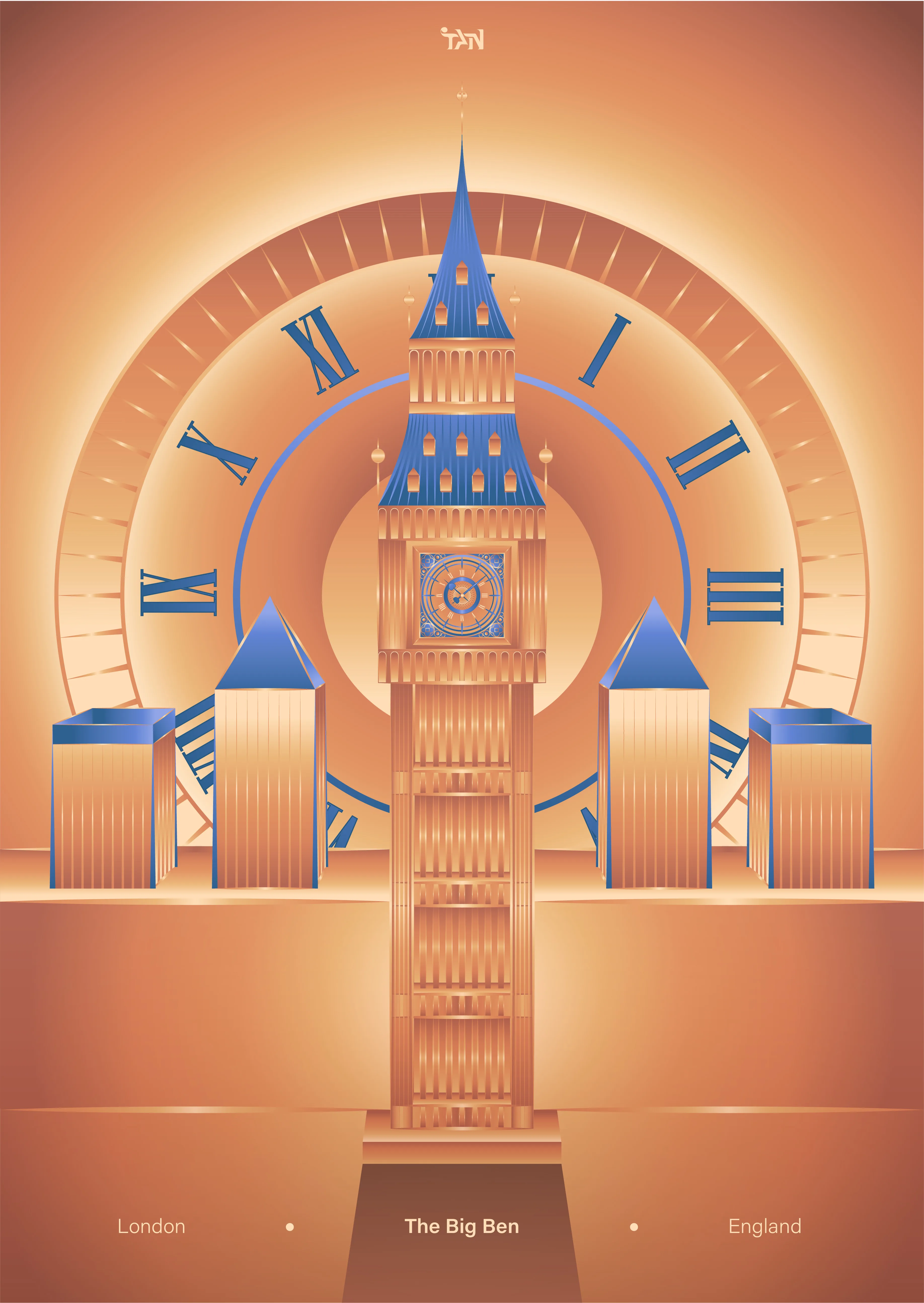 Symmetrical vector poster of Big Ben in warm brown and blue, the tower centred in front of a giant clock face with Roman numerals fanning out behind it, captioned London, The Big Ben, England.