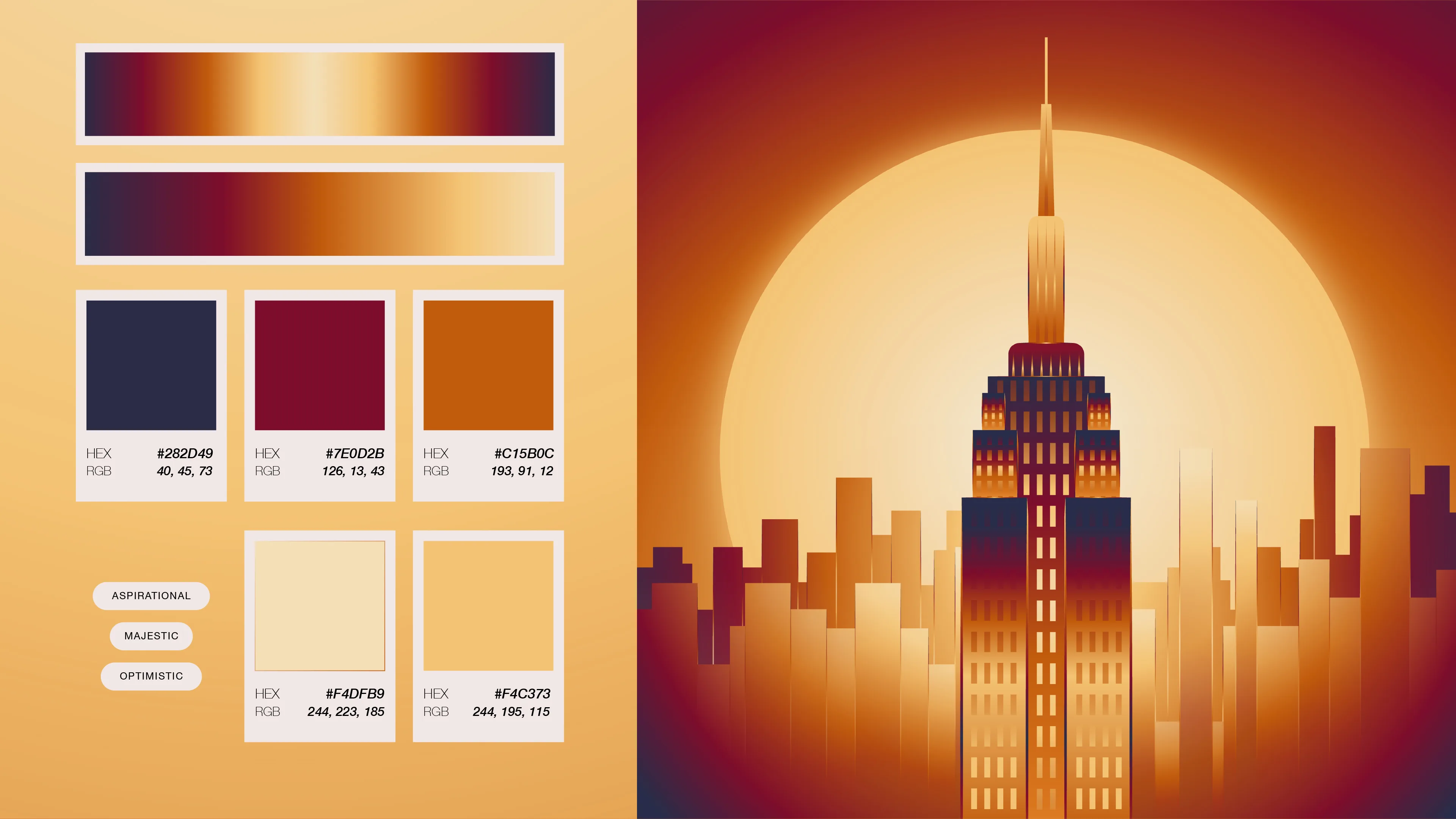 Colour palette slide for the Empire State poster, six swatches with hex and RGB values labelled aspirational, majestic and optimistic, beside the artwork.