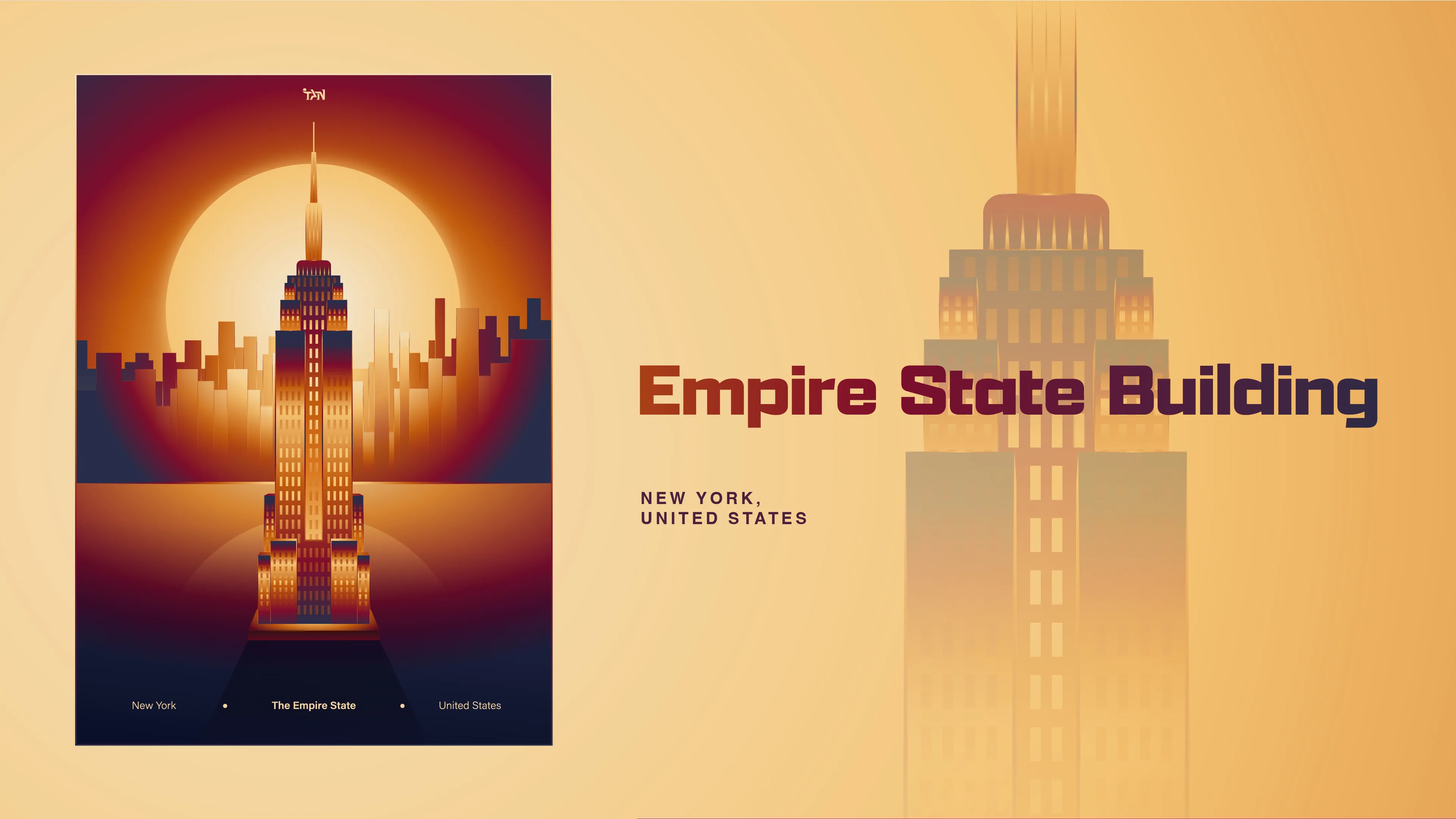 Presentation slide titled Empire State Building, New York, United States, showing the poster beside an enlarged detail of the tower.