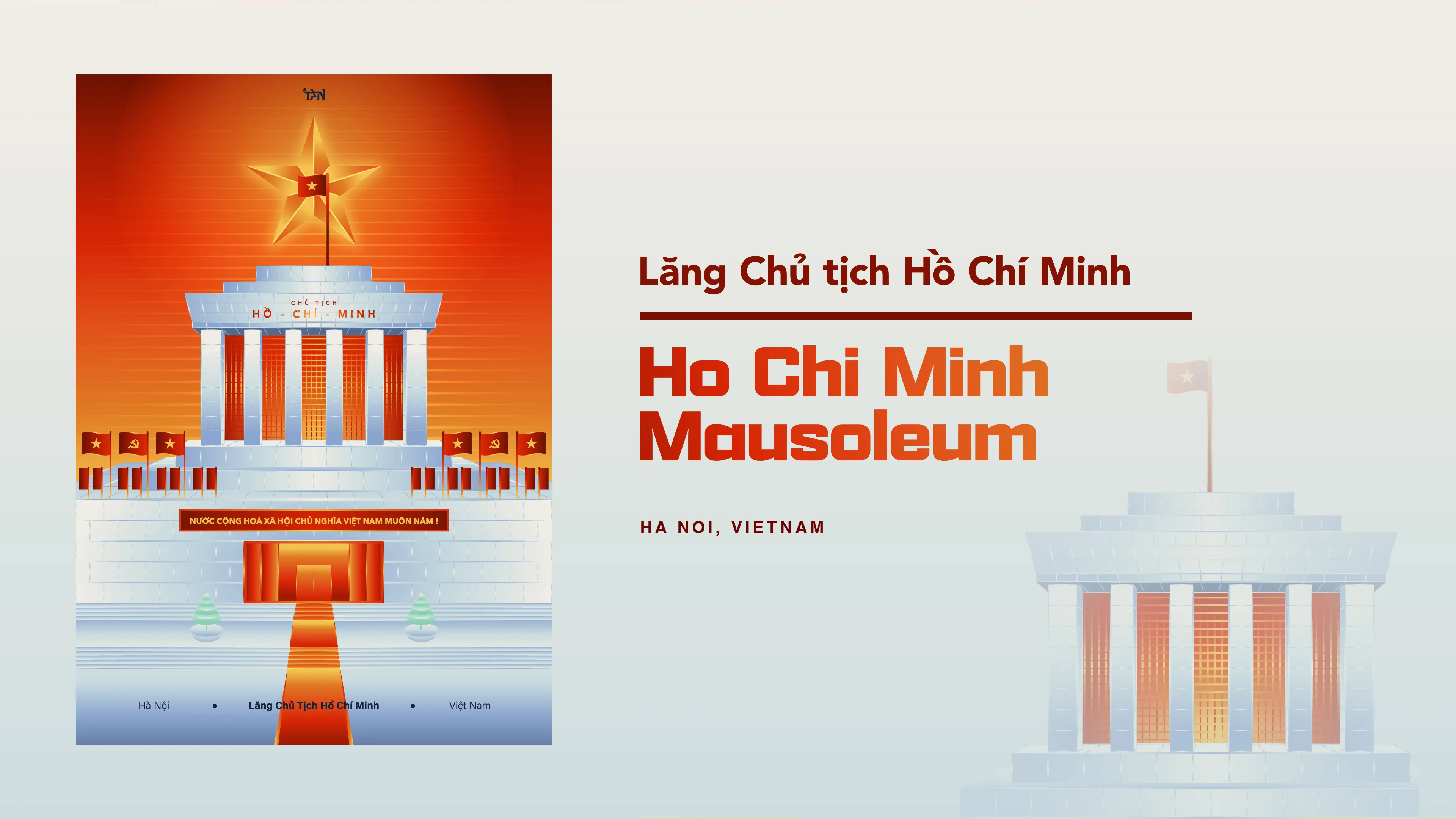 Presentation slide titled Lăng Chủ tịch Hồ Chí Minh, Ho Chi Minh Mausoleum, Ha Noi, Vietnam, showing the poster beside a pale detail of the building.