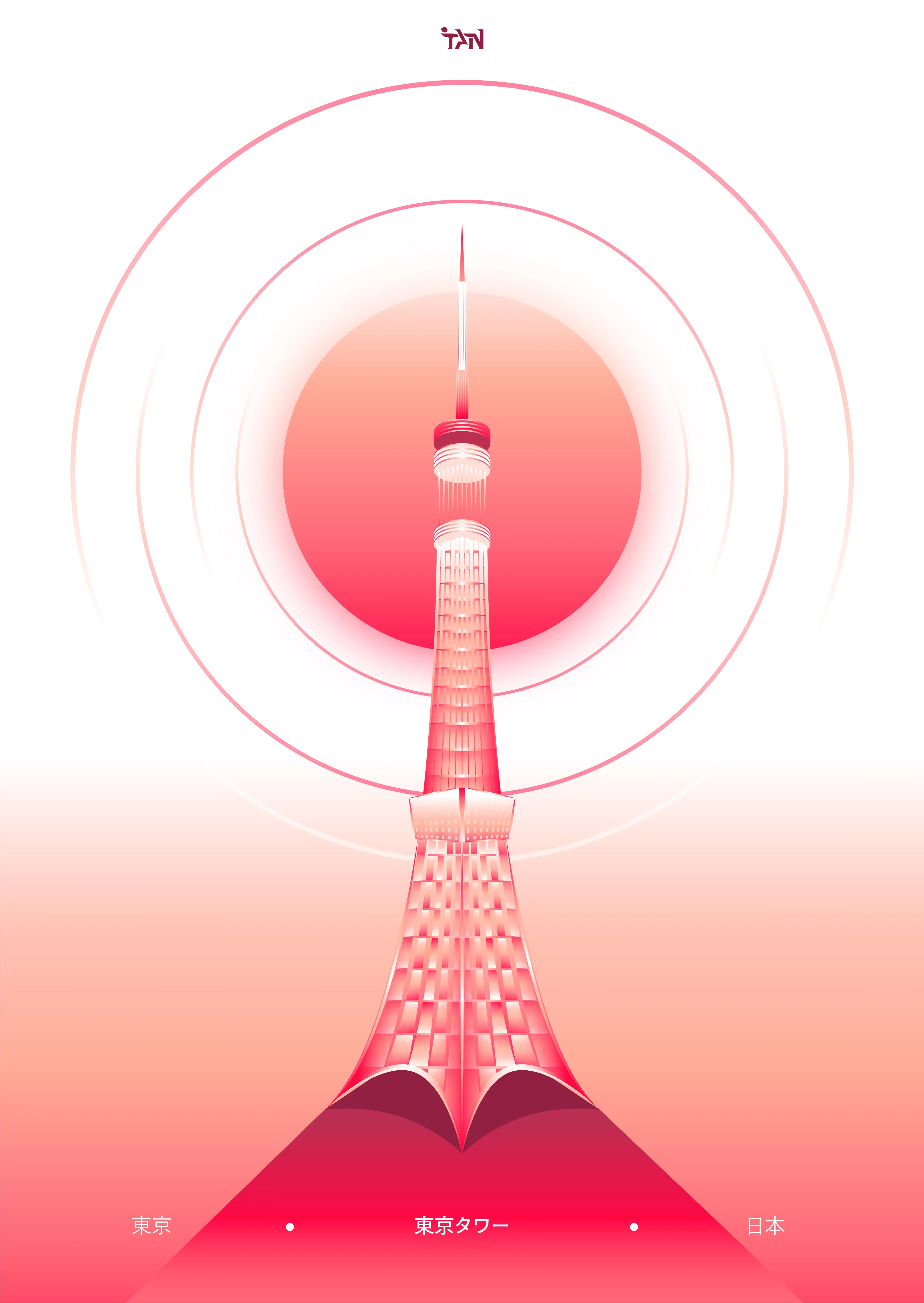 Symmetrical vector poster of Tokyo Tower in pinks and white, the lattice tower rising from a pink slope with concentric rings radiating from its antenna, captioned Tokyo, Tokyo Tower, Japan.