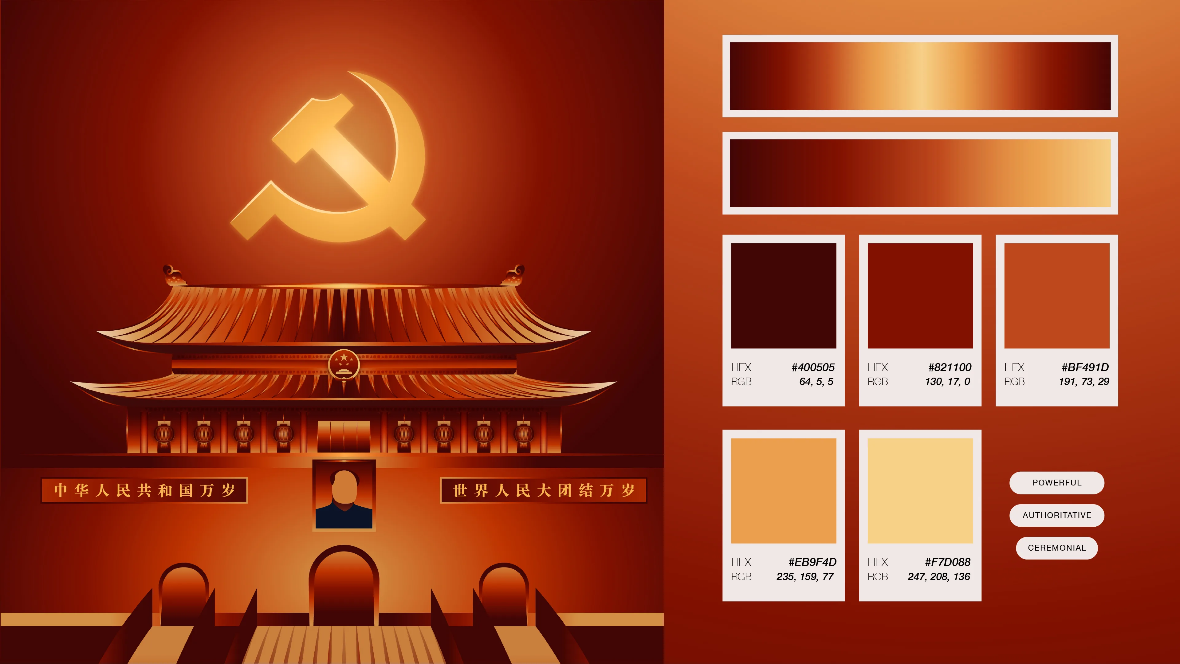 Colour palette slide for the Tiananmen poster, six red and gold swatches with hex and RGB values labelled powerful, authoritative and ceremonial.