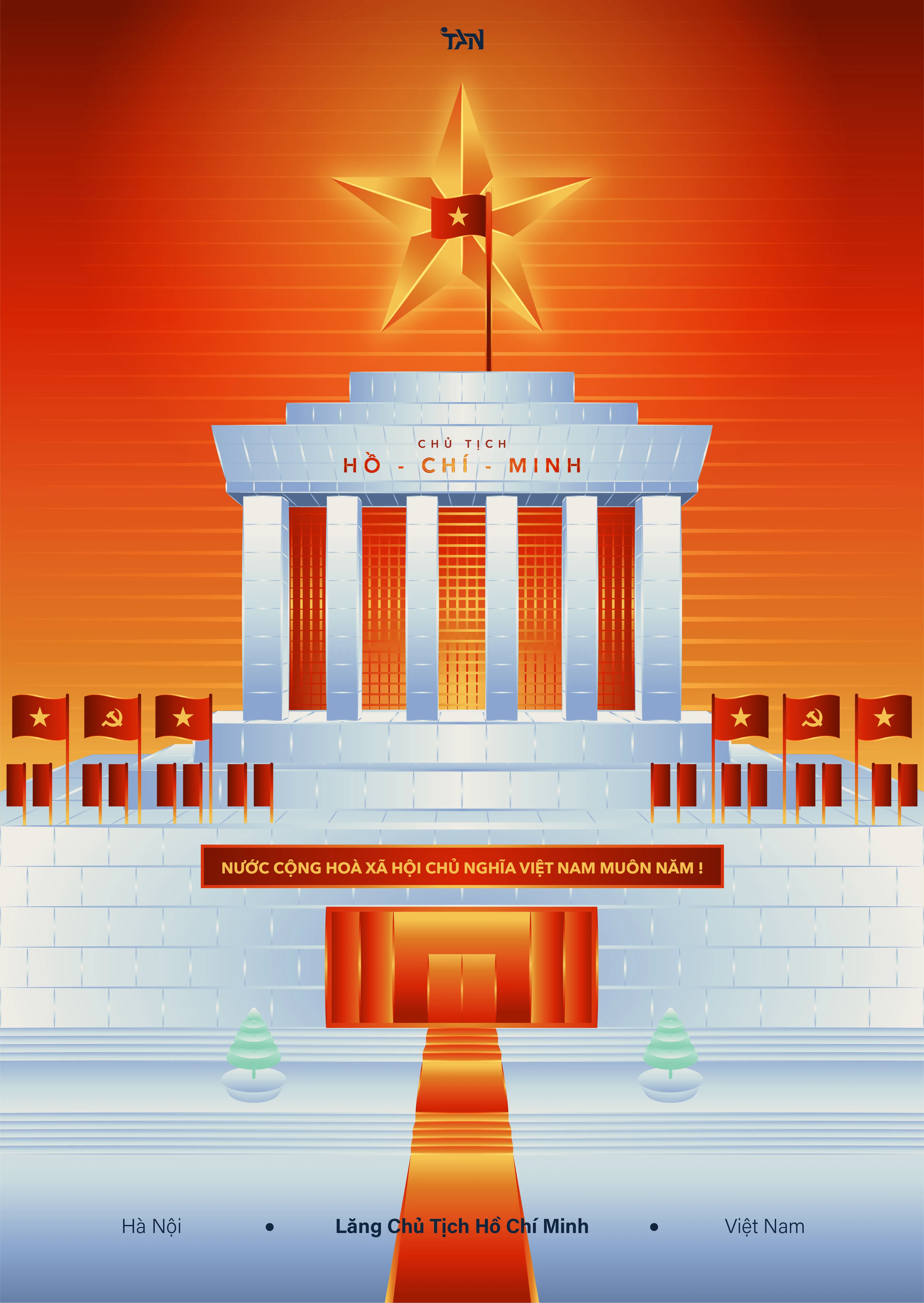 Symmetrical vector poster of the Ho Chi Minh Mausoleum in white and pale blue against a deep orange sky, a gold star and red flag above it, rows of Vietnamese flags along the terrace and a red carpet leading to the entrance.