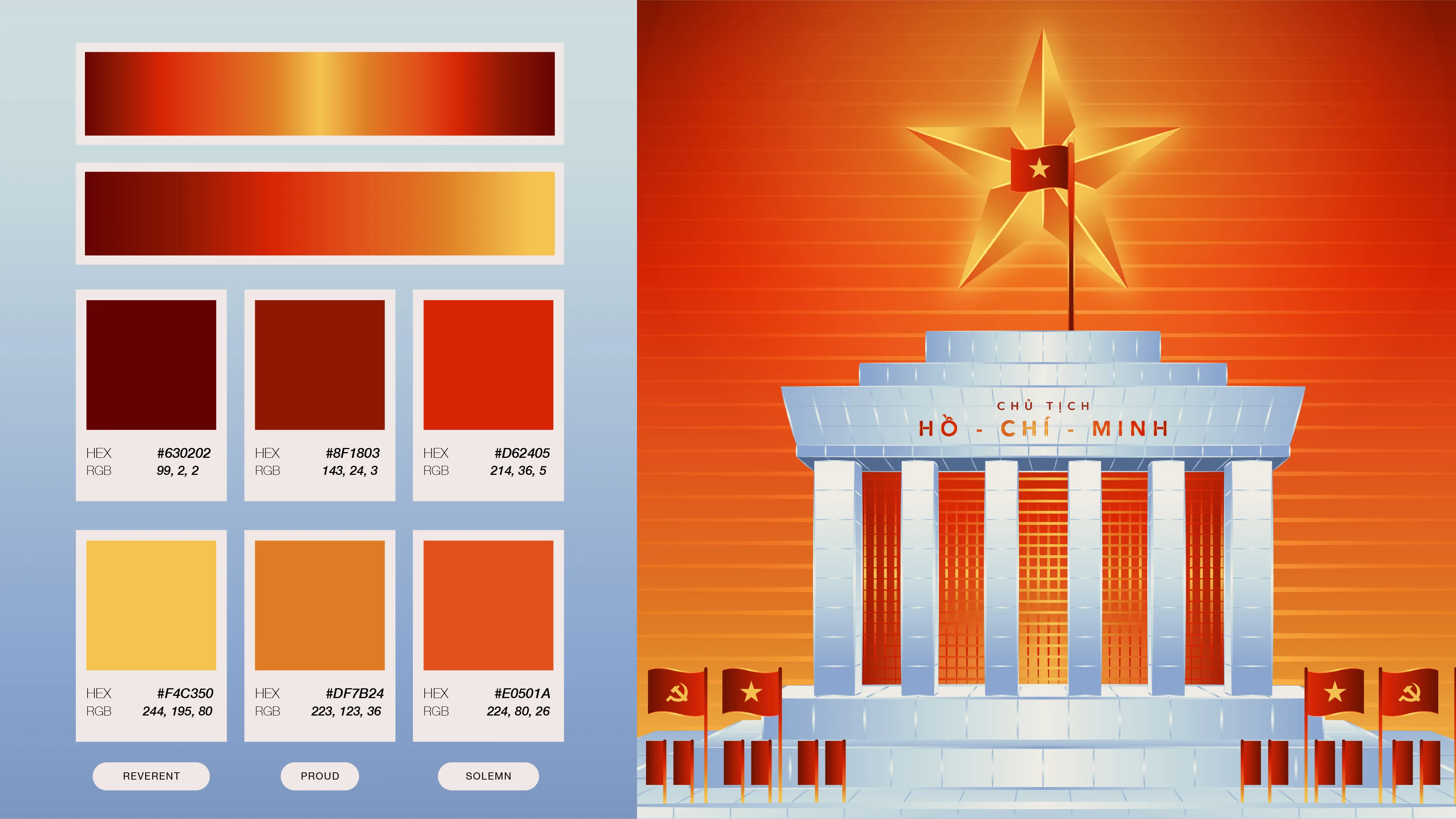 Colour palette slide for the Ho Chi Minh Mausoleum poster, six red, orange and gold swatches with hex and RGB values labelled reverent, proud and solemn.