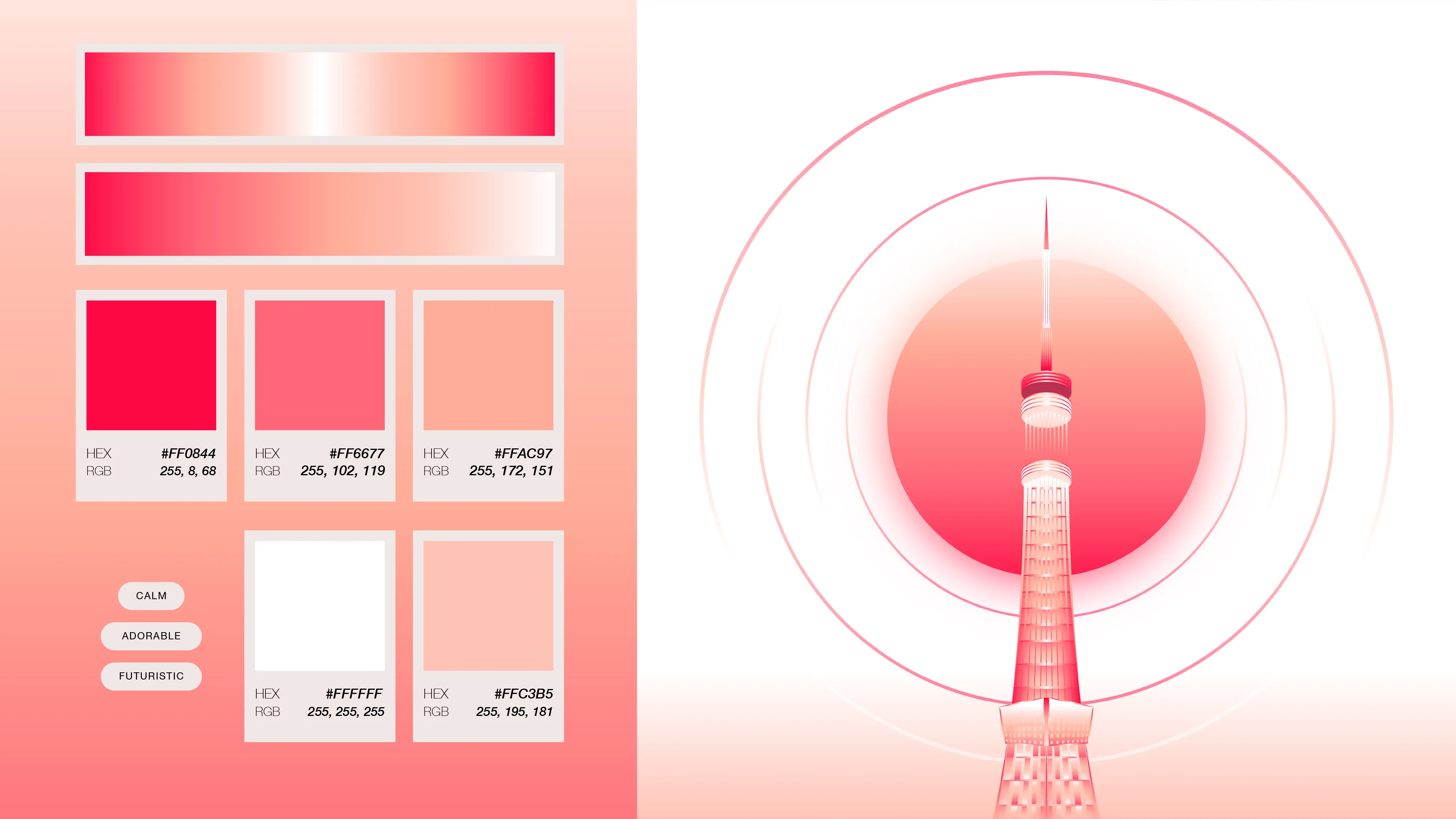 Colour palette slide for the Tokyo Tower poster, six pink and white swatches with hex and RGB values labelled calm, adorable and futuristic.