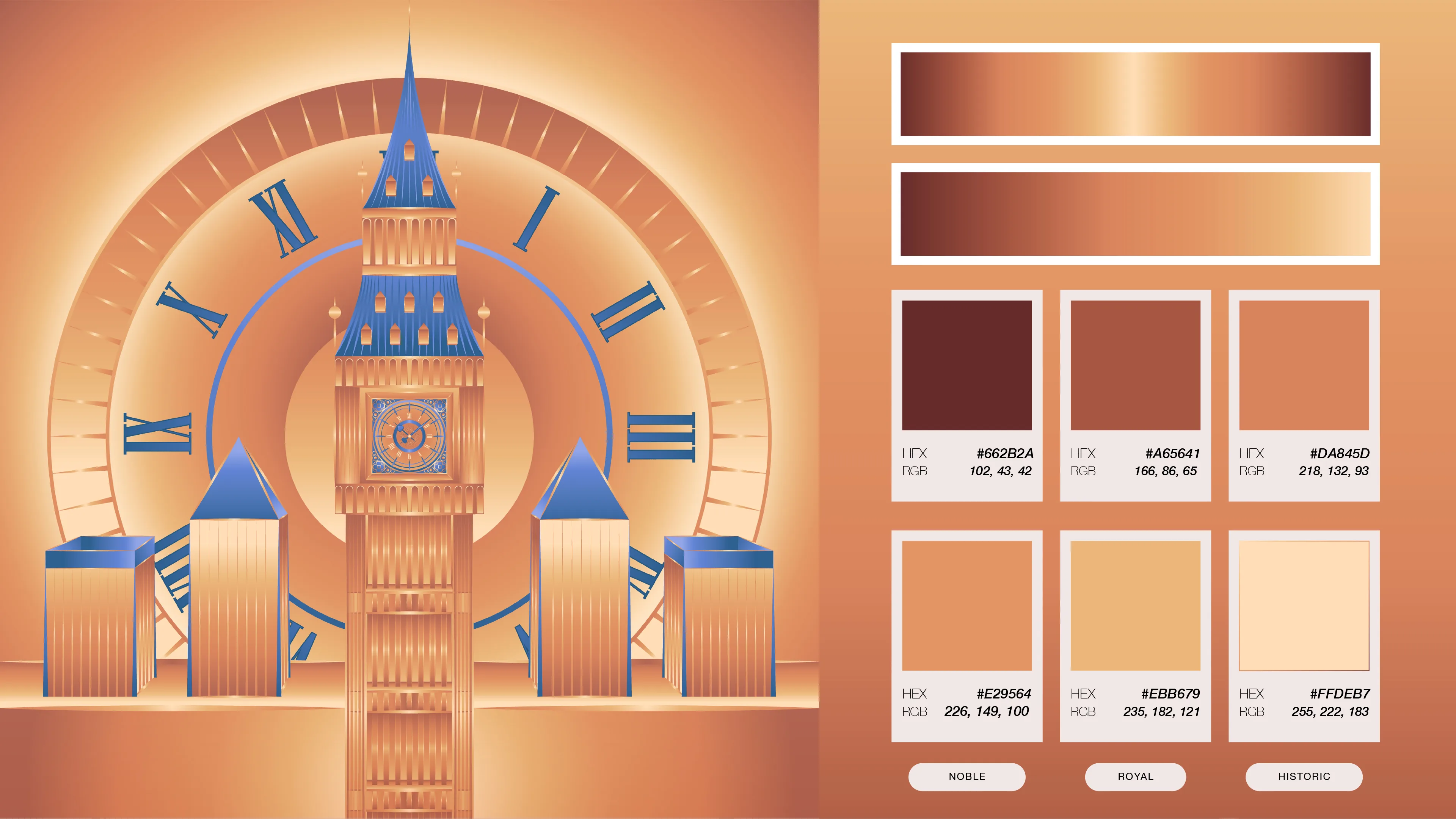 Colour palette slide for the Big Ben poster, six brown and cream swatches with hex and RGB values labelled noble, royal and historic.