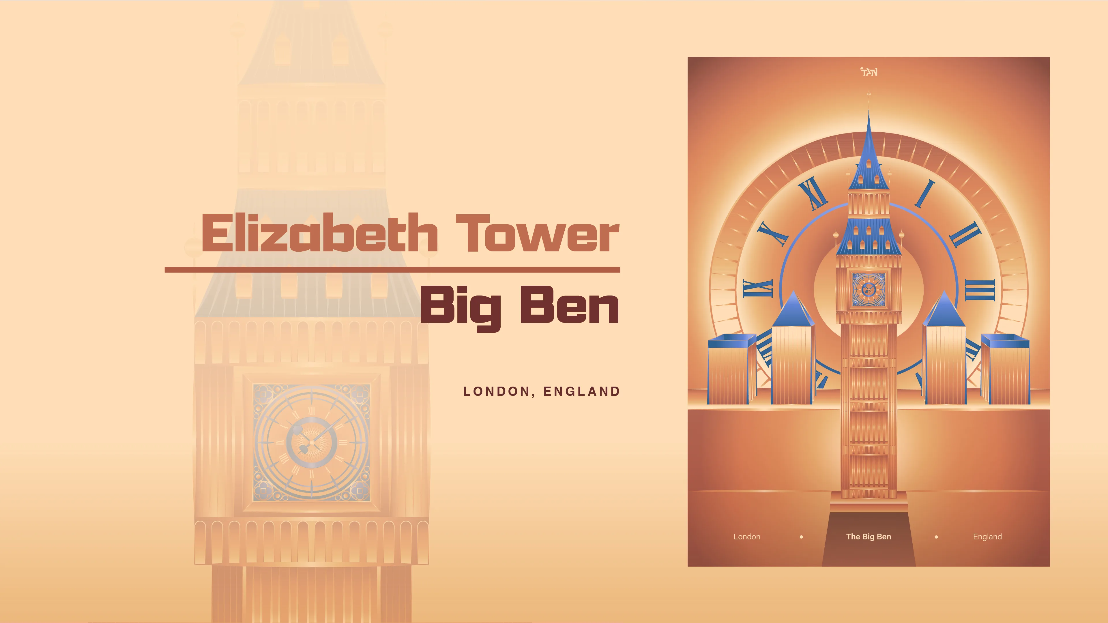 Presentation slide titled Elizabeth Tower, Big Ben, London, England, showing the poster beside a faded detail of the clock face.