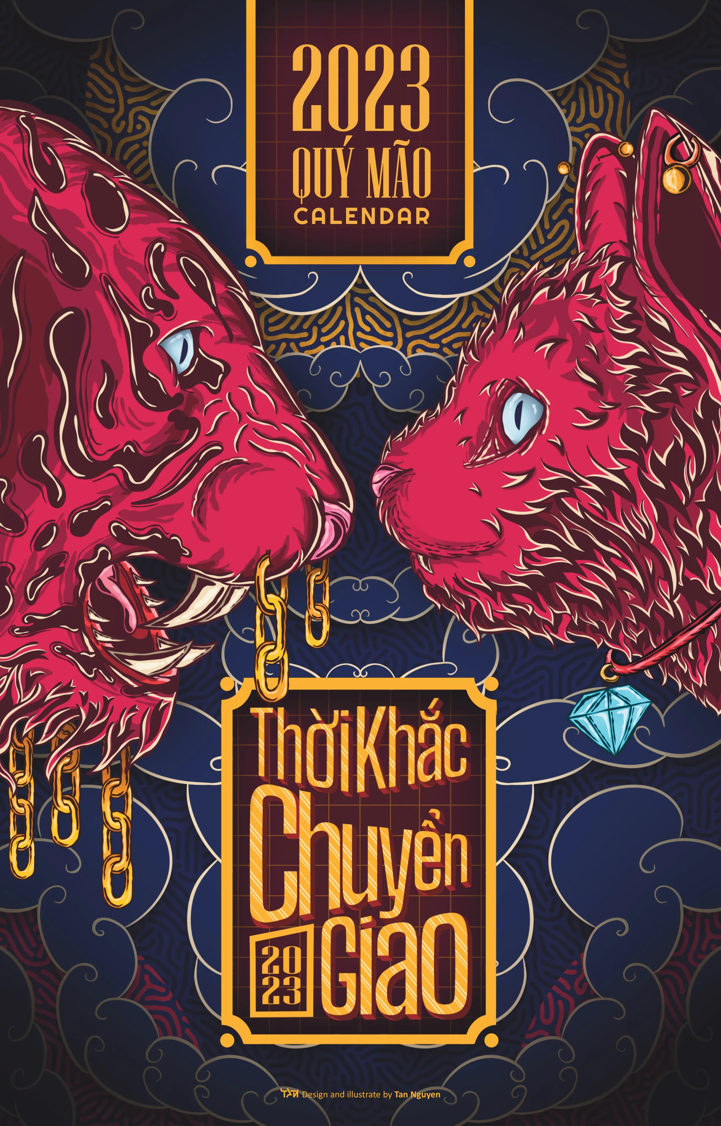 Calendar cover in navy and magenta, a snarling tiger head and a cat head facing each other with gold chains and a cyan gem between them, titled 2023 Quý Mão and Thời Khắc Chuyển Giao.