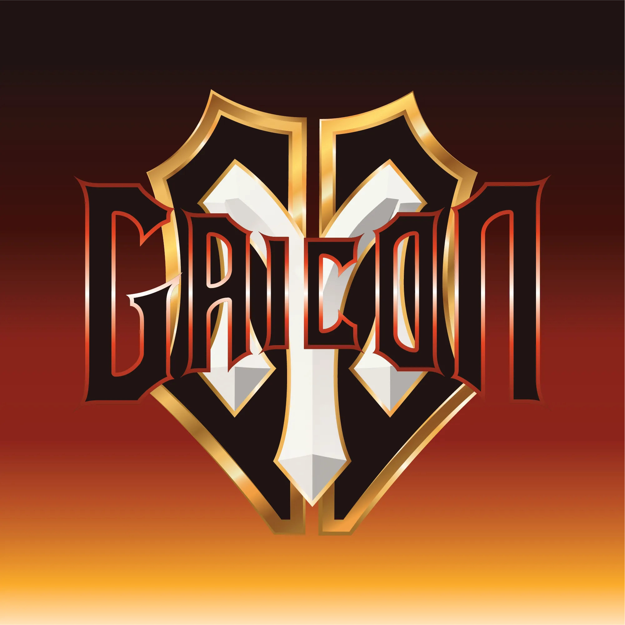 Vector logo remaster, the word GAICON in a heavy blackletter face set inside a gold-edged shield with a white blade rising through the centre, on a black to yellow fire gradient.