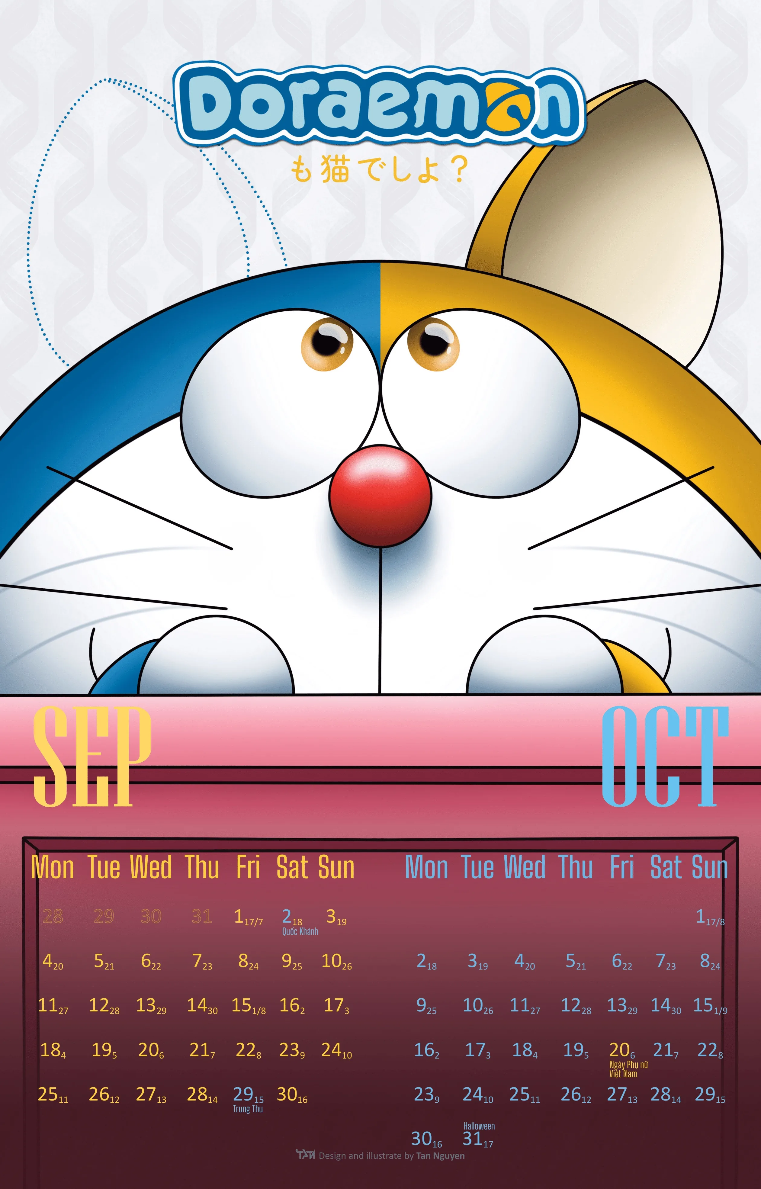 September and October spread showing Doraemon peering over the two-month grid with a Japanese caption asking whether he counts as a cat too.
