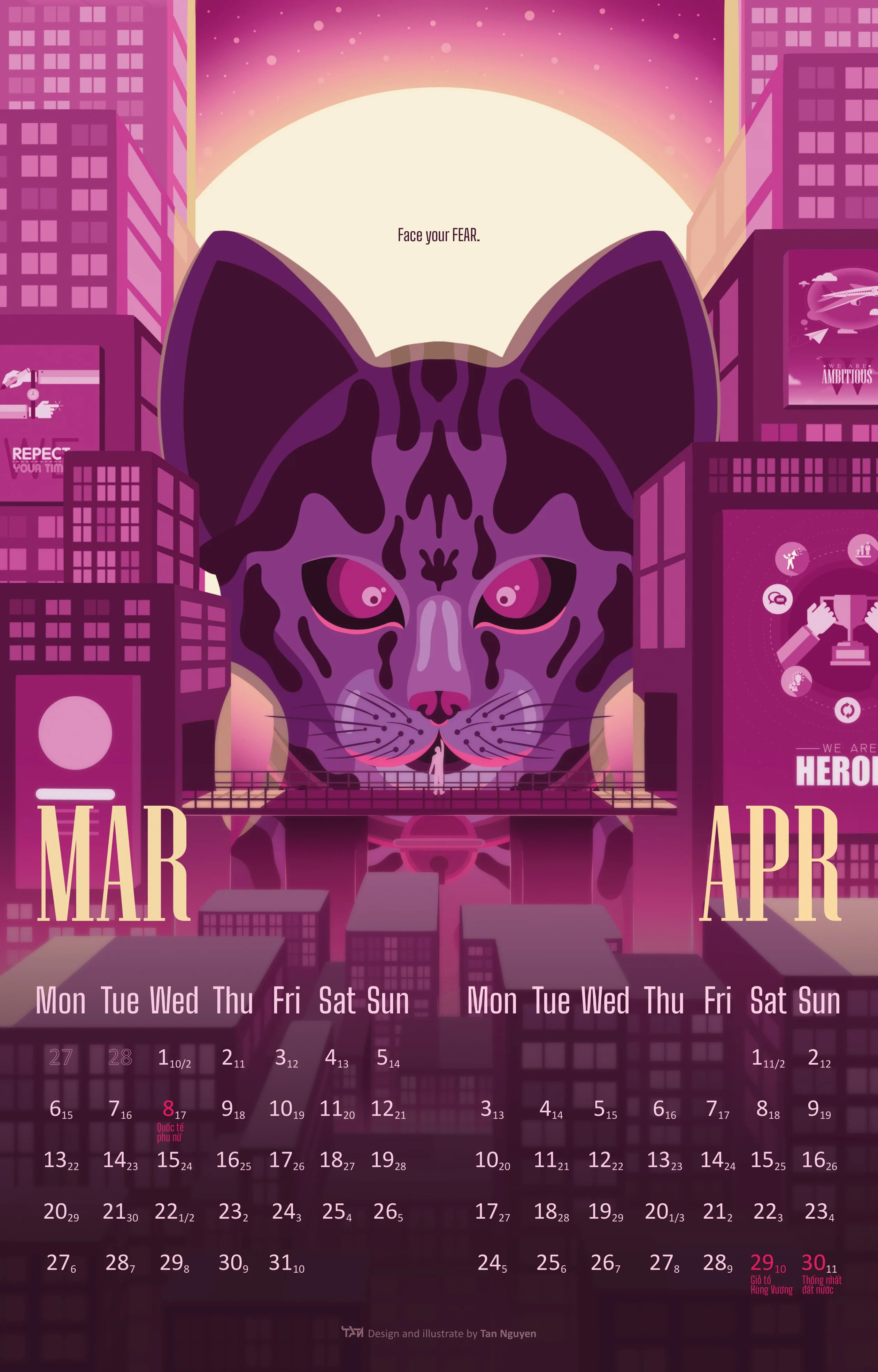 March and April spread, a huge purple and pink cat face looming between neon city towers above a two-month grid, captioned Face your FEAR.