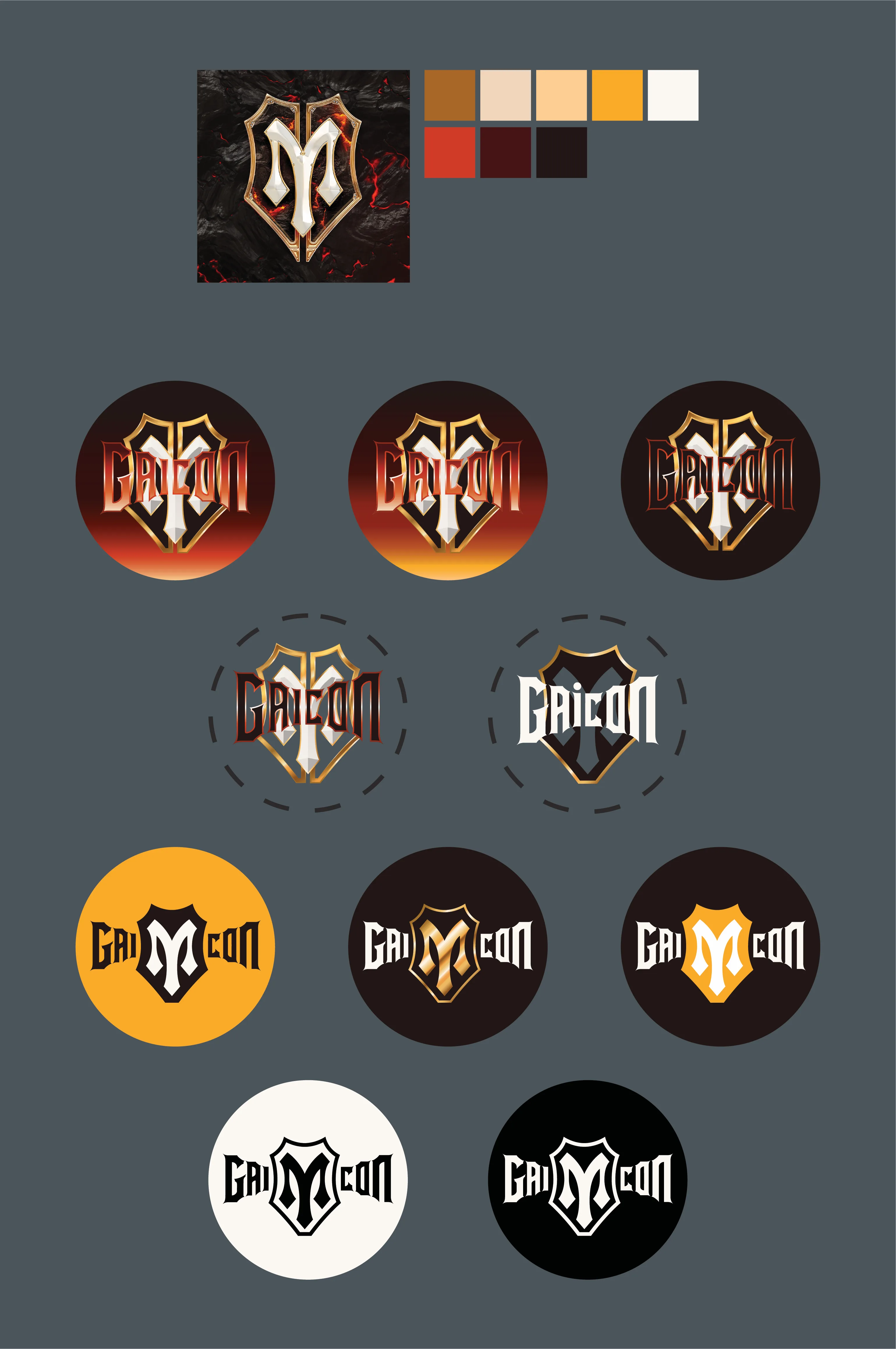 Badge sheet on grey showing ten circular GAICON treatments, from full-colour fire versions down to flat one-colour marks in white, black and gold.