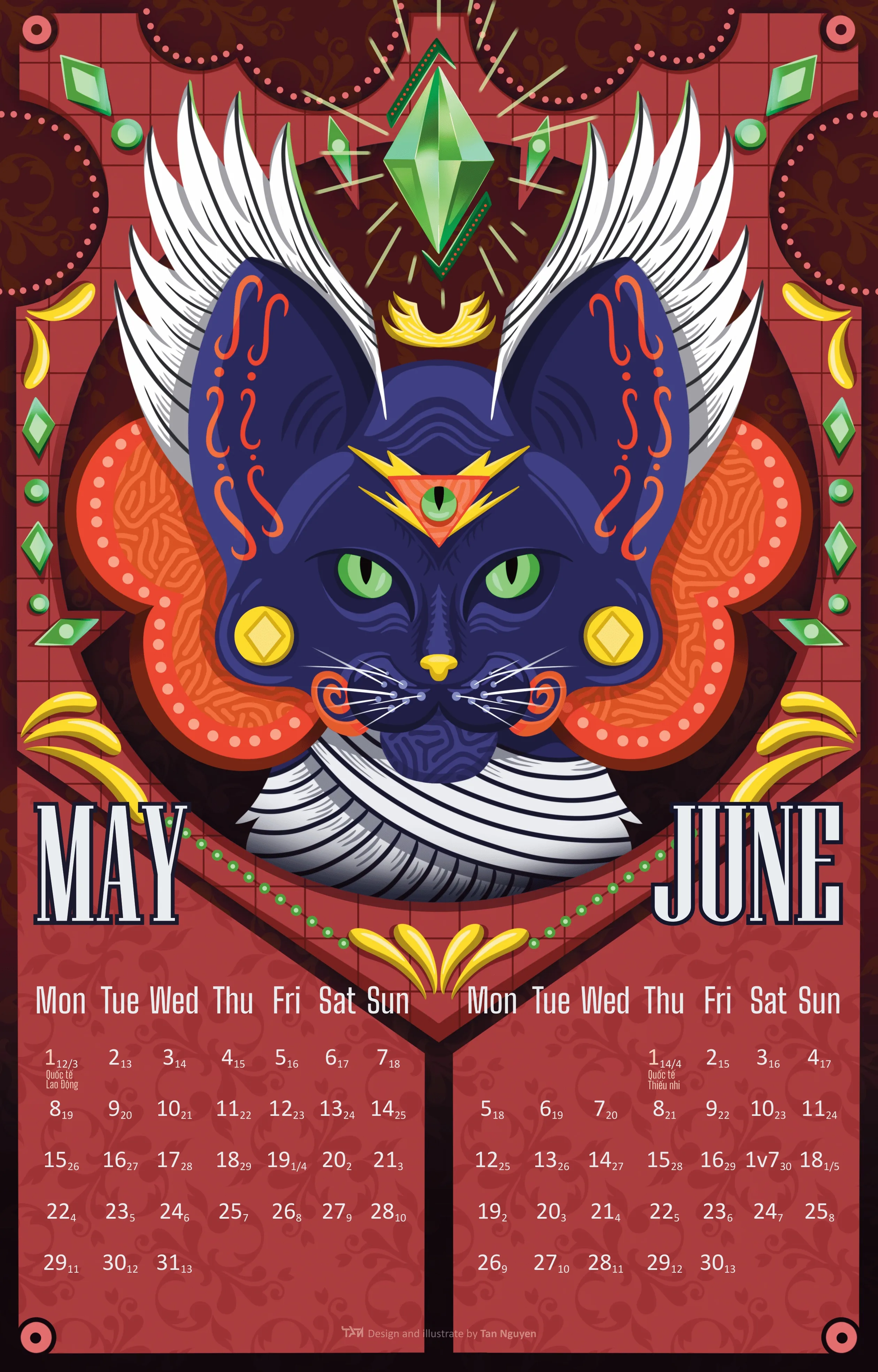 May and June spread, a navy blue winged cat crowned with a green gem on a deep red patterned ground above a two-month grid.