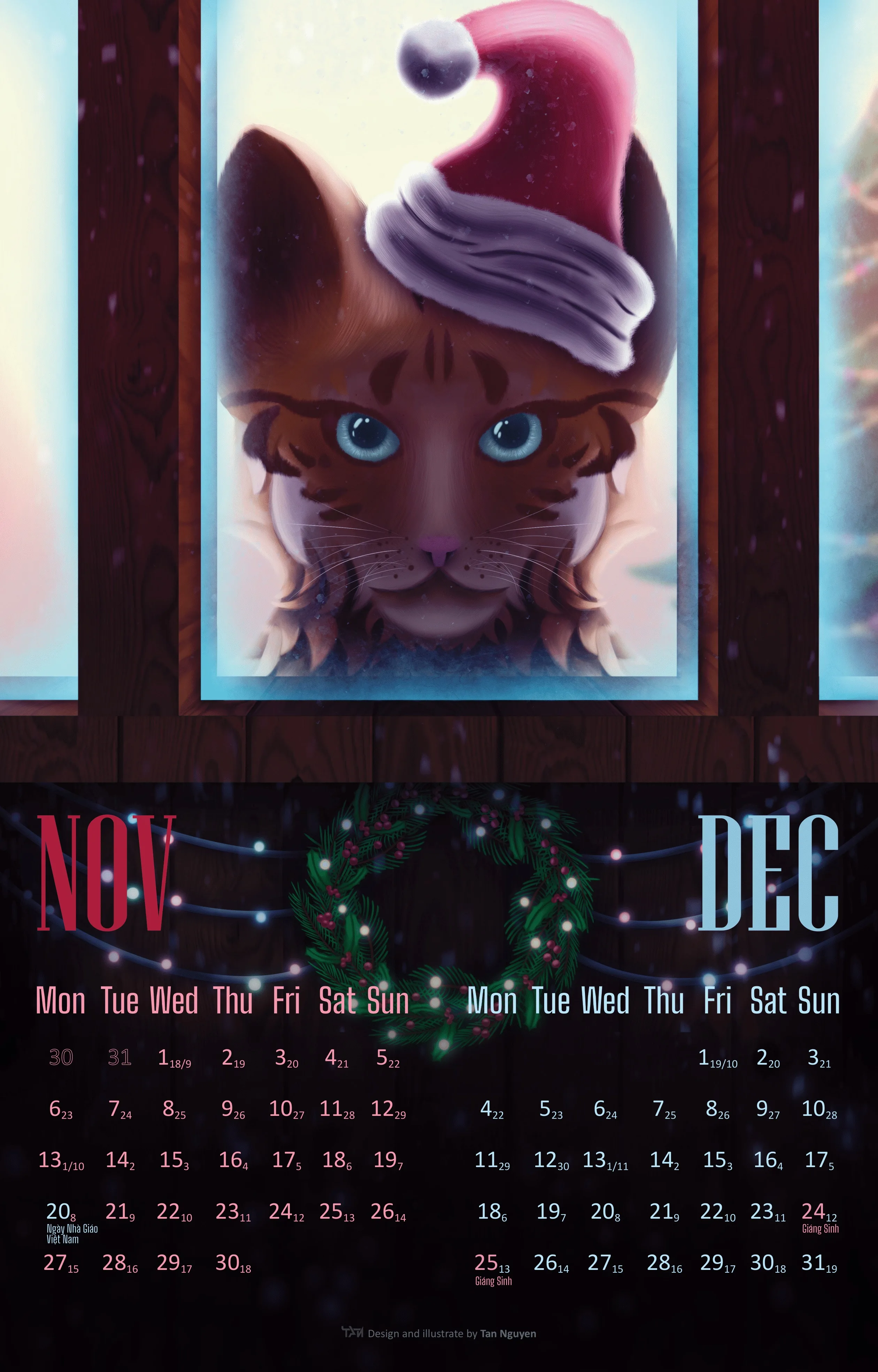 November and December spread, a brown cat in a red Santa hat looking in through a frosted window, a lit wreath above the two-month grid.