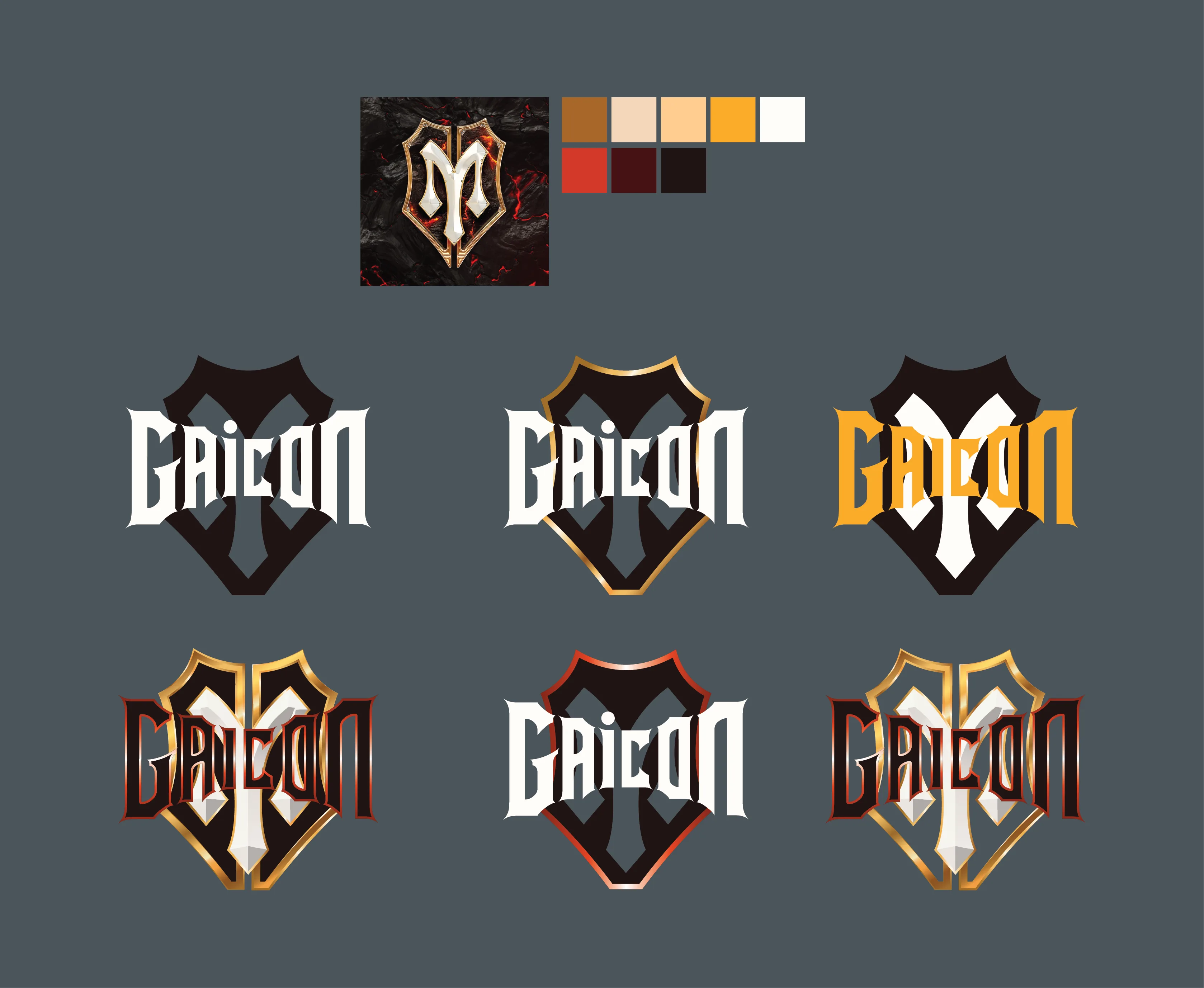 Logo sheet on grey showing six GAICON lockups in gold, white, black and full colour, with a marble texture tile and a five-colour palette above them.