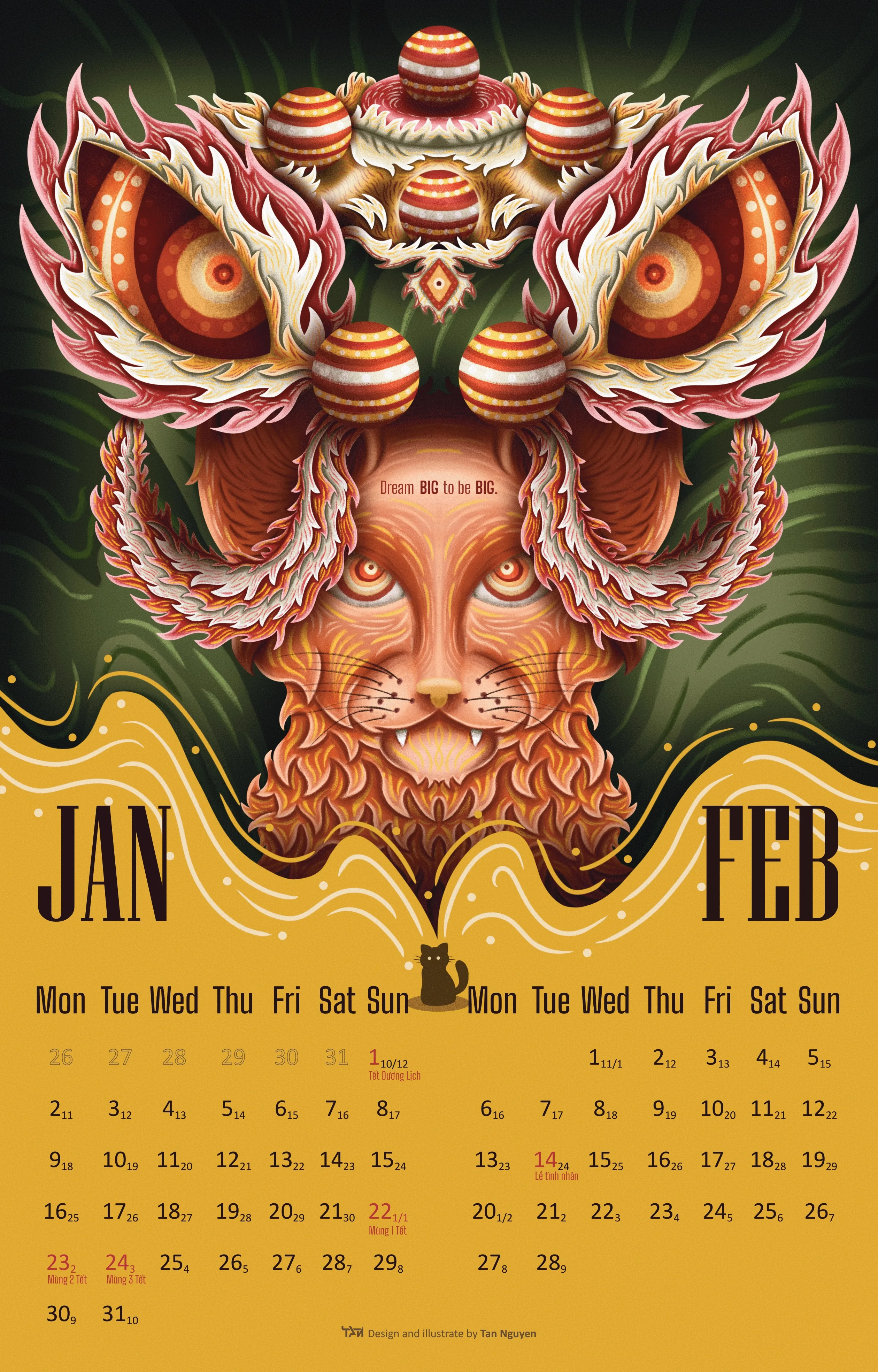 January and February calendar spread in gold, an orange cat wearing an elaborate lion-dance headdress above a two-month grid, captioned Dream BIG to be BIG.