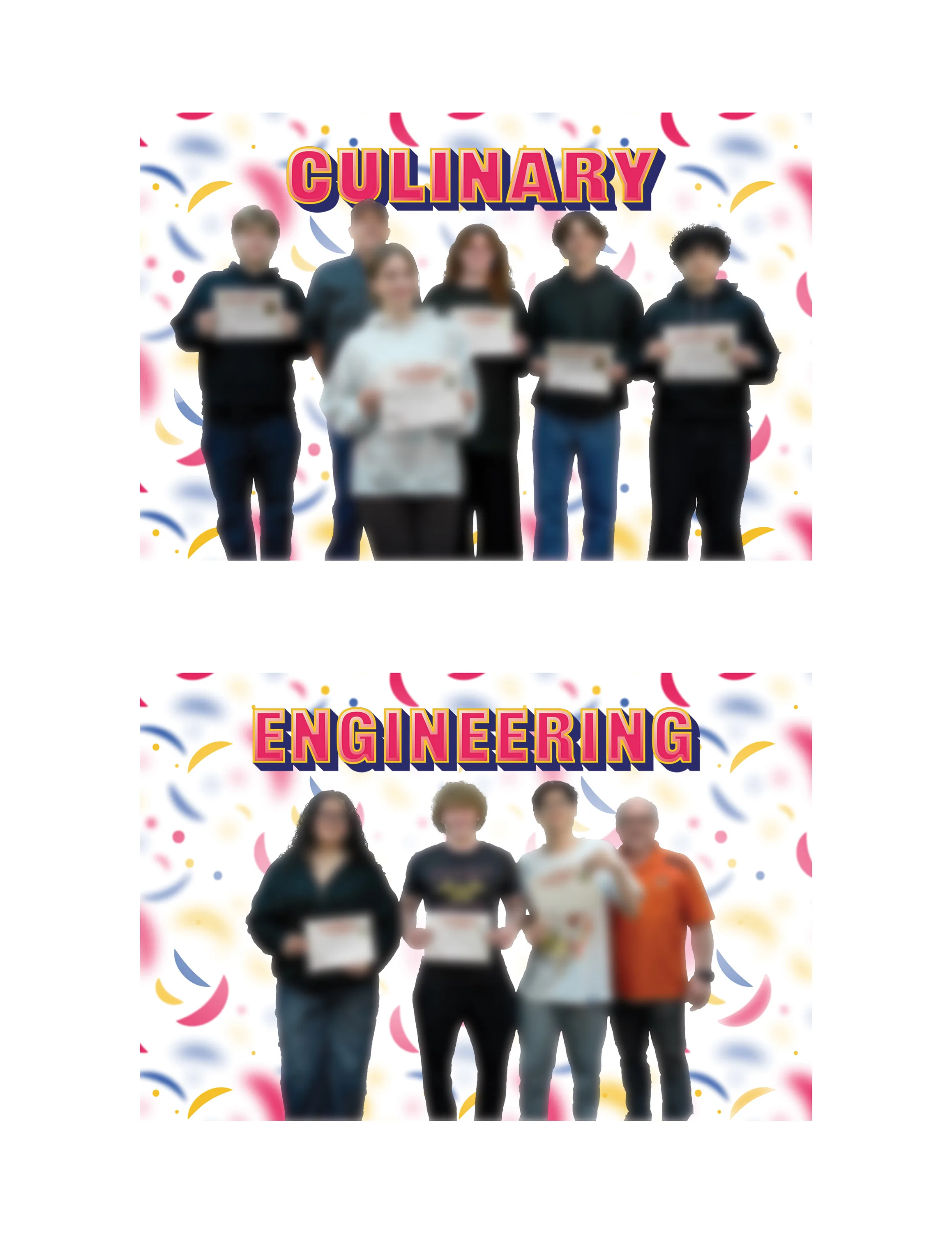 Two finished CTE Awards boards, Culinary and Engineering, each showing student winners holding certificates on a confetti background with faces blurred.