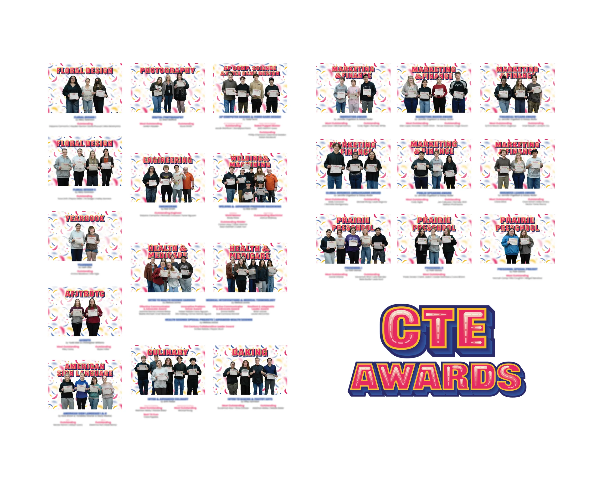 Contact sheet of every finished CTE Awards board laid out in a grid, each one a group of student winners holding certificates under its category name, with a CTE Awards title lockup at the lower right.