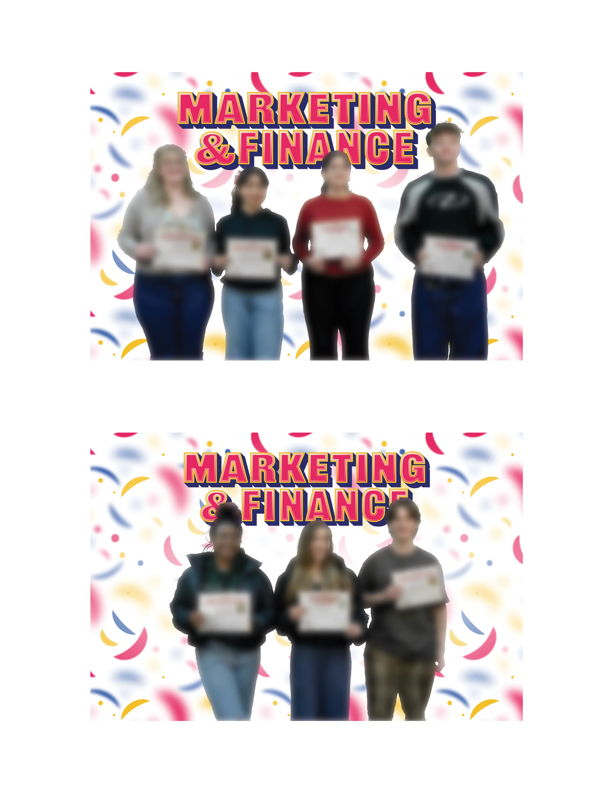 Two finished Marketing and Finance boards, student winners holding certificates on a confetti background with faces blurred.