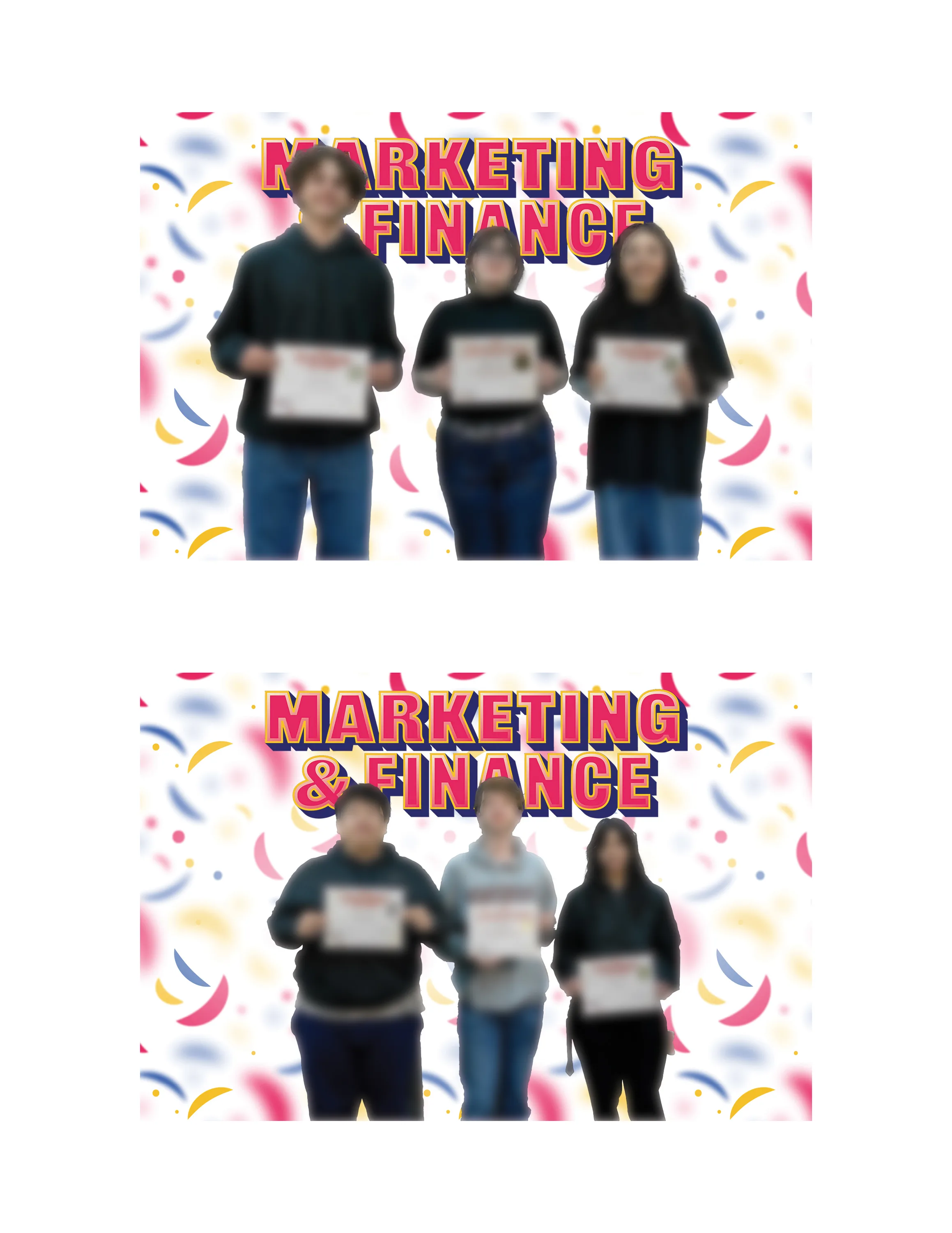 Two more Marketing and Finance boards, student winners holding certificates on a confetti background with faces blurred.
